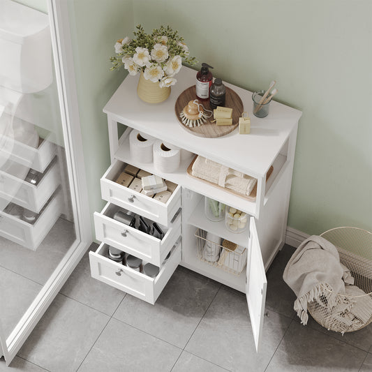 Bathroom Floor Storage Cabinet, 23.6 Inch Freestanding Organizer with 3 Drawers & Adjustable Shelf, Anti-Tip Design, White