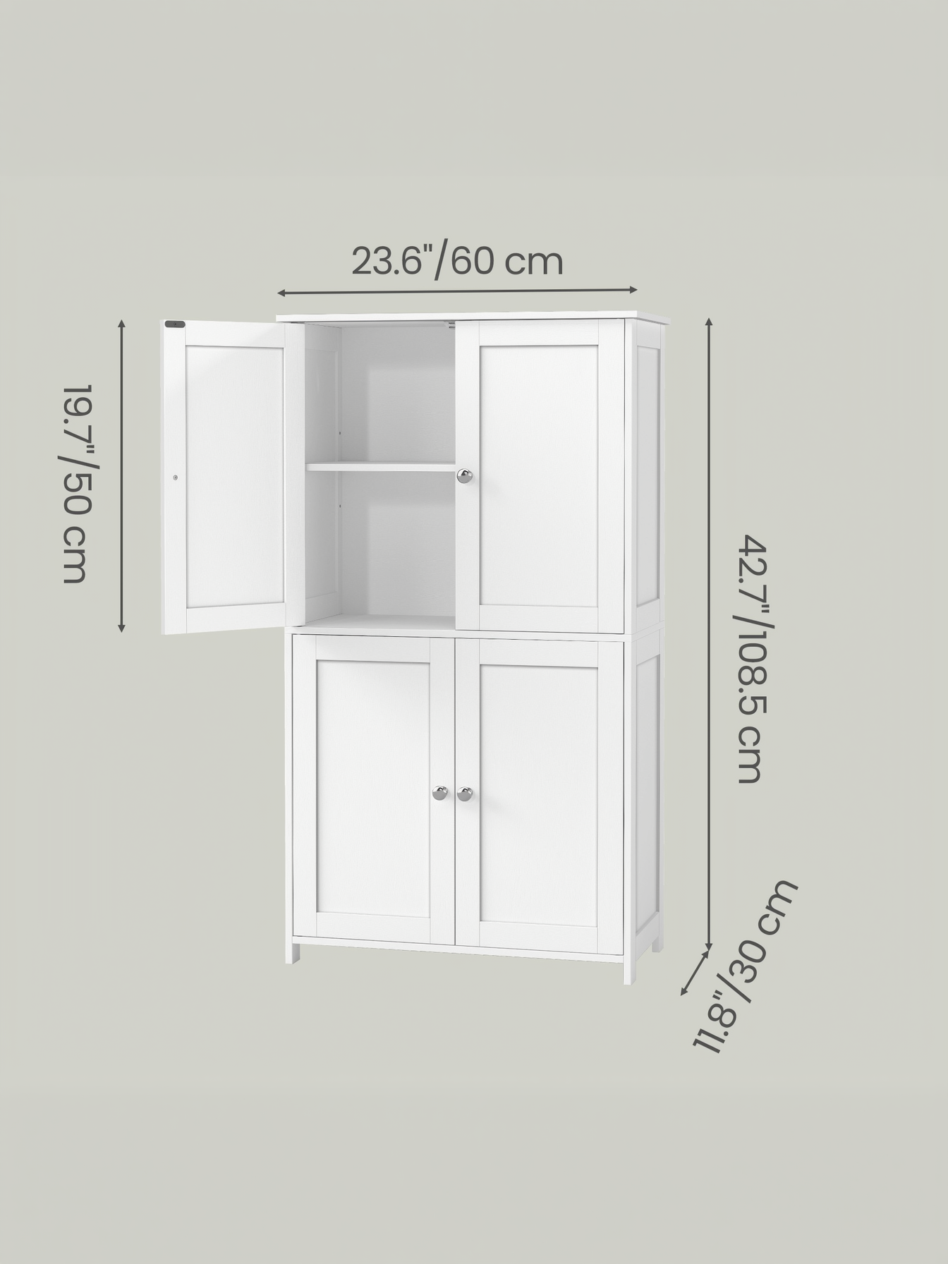 Bathroom Storage Floor Cabinet Organizer with Adjustable Shelf 4 Magnetic Doors 43" Wooden Pantry Cabinet Freestanding for Living Kitchen Room Small Spaces,White