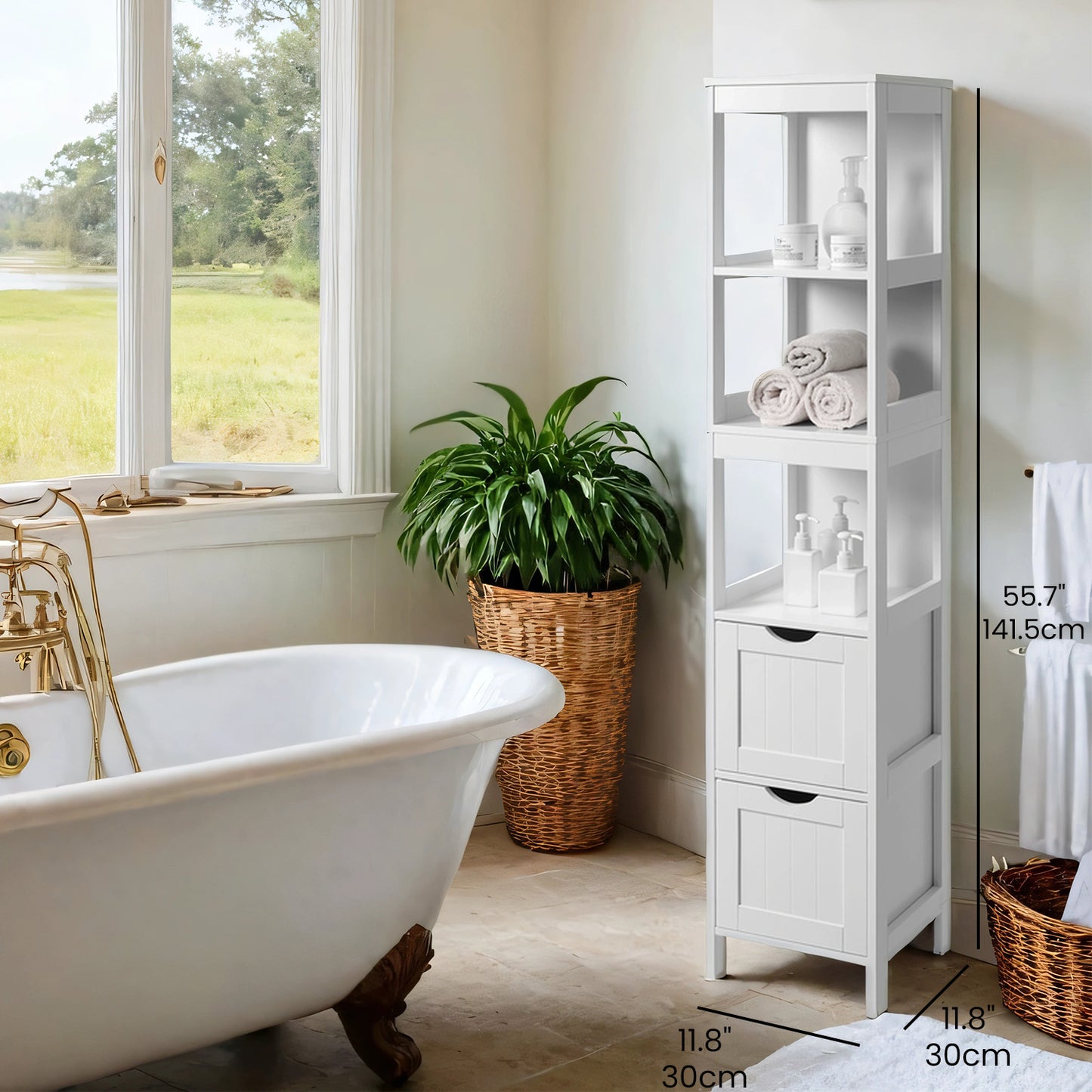 Storage Cabinet with 2 Drawers and Open Shelf, Multifunctional Freestanding Corner Storage Rack for Bathroom, Living Room, Bedroom, White