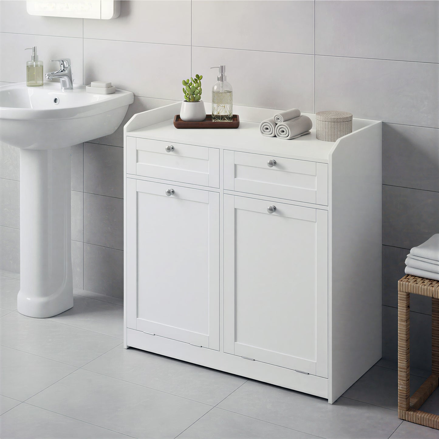 Laundry Storage Cabinet with Tilt-Out Hamper, Freestanding Organizer with Drawer & Top Shelf, for Bathroom Living Room, Cloud White