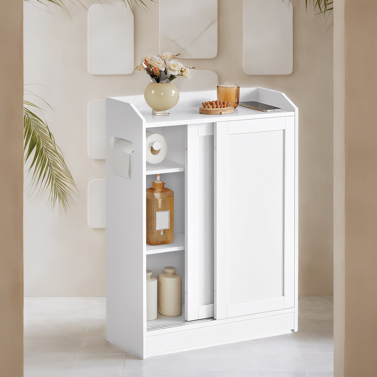 Narrow Storage Cabinet with Sliding Doors, Adjustable Shelves, Toilet Paper Holder and Brush Compartment, Slim Floor Unit for Bathroom and Living Room, Cloud White