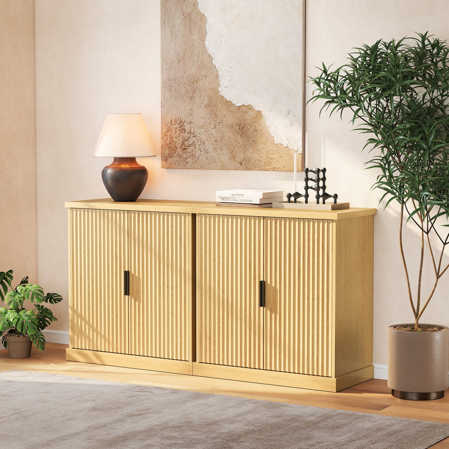 LEDREM Fluted Buffet Cabinet with Adjustable Shelf, Mid-Century Modern Sideboard for Dining Room or Entryway, Freestanding Console Storage Unit, Oak Beige