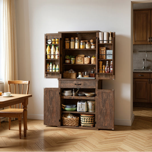 70.3 Inch Pantry Cabinet, Farmhouse Kitchen Storage with Barn Doors, Pull-Out Tray, Drawer & 6 Door Shelves, for Dining Room Kitchen, Hazelnut Brown