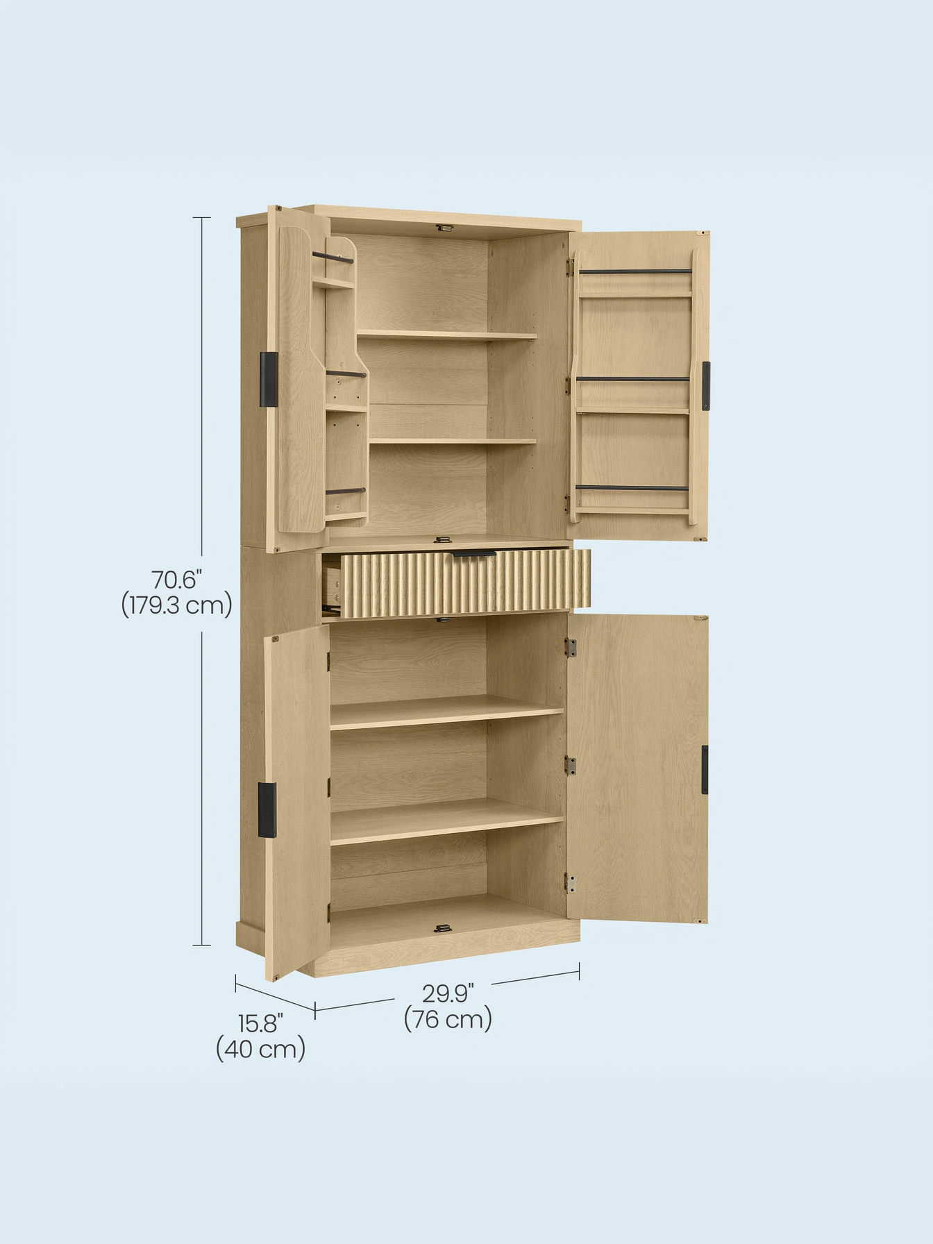 70.6-Inch Tall Pantry Cabinet with 6 Adjustable Shelves and Drawer, Fluted Doors Storage Cabinet for Kitchen and Living Room, Oak Beige