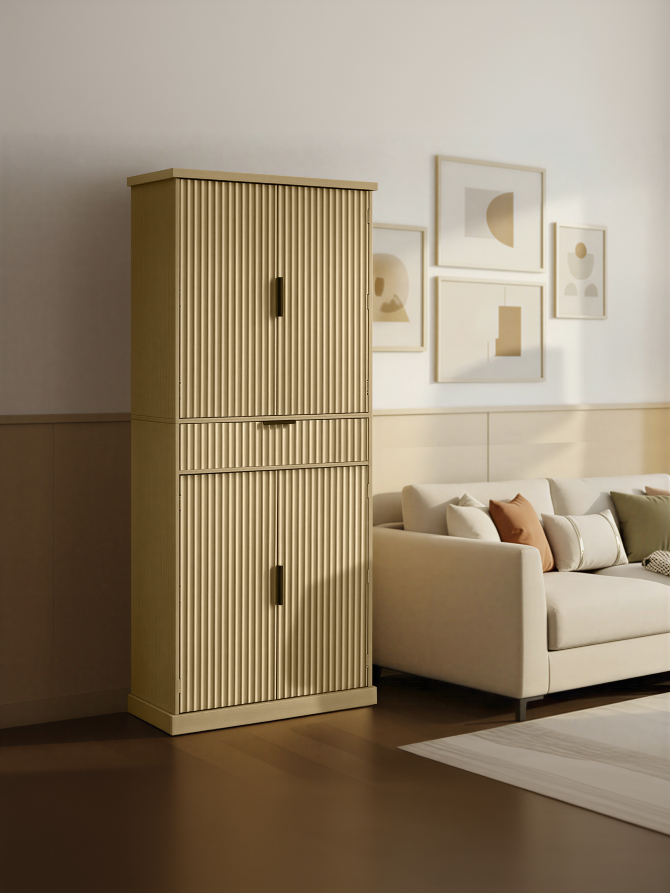70.6-Inch Tall Pantry Cabinet with 6 Adjustable Shelves and Drawer, Fluted Doors Storage Cabinet for Kitchen and Living Room, Oak Beige