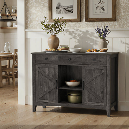 Buffet Cabinet, Coffee Bar Storage with 3 Drawers, Adjustable Shelves & Cable Holes, Sideboard for Living Room Kitchen, Antique Charcoal