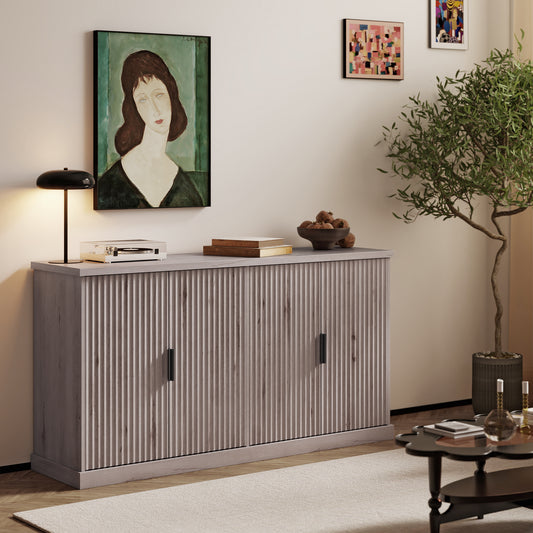 Fluted Buffet Cabinet, 58.3 Inch Mid-Century Modern Sideboard with Adjustable Shelves & Cable Port, for Coffee Bar TV Stand, Washed Gray