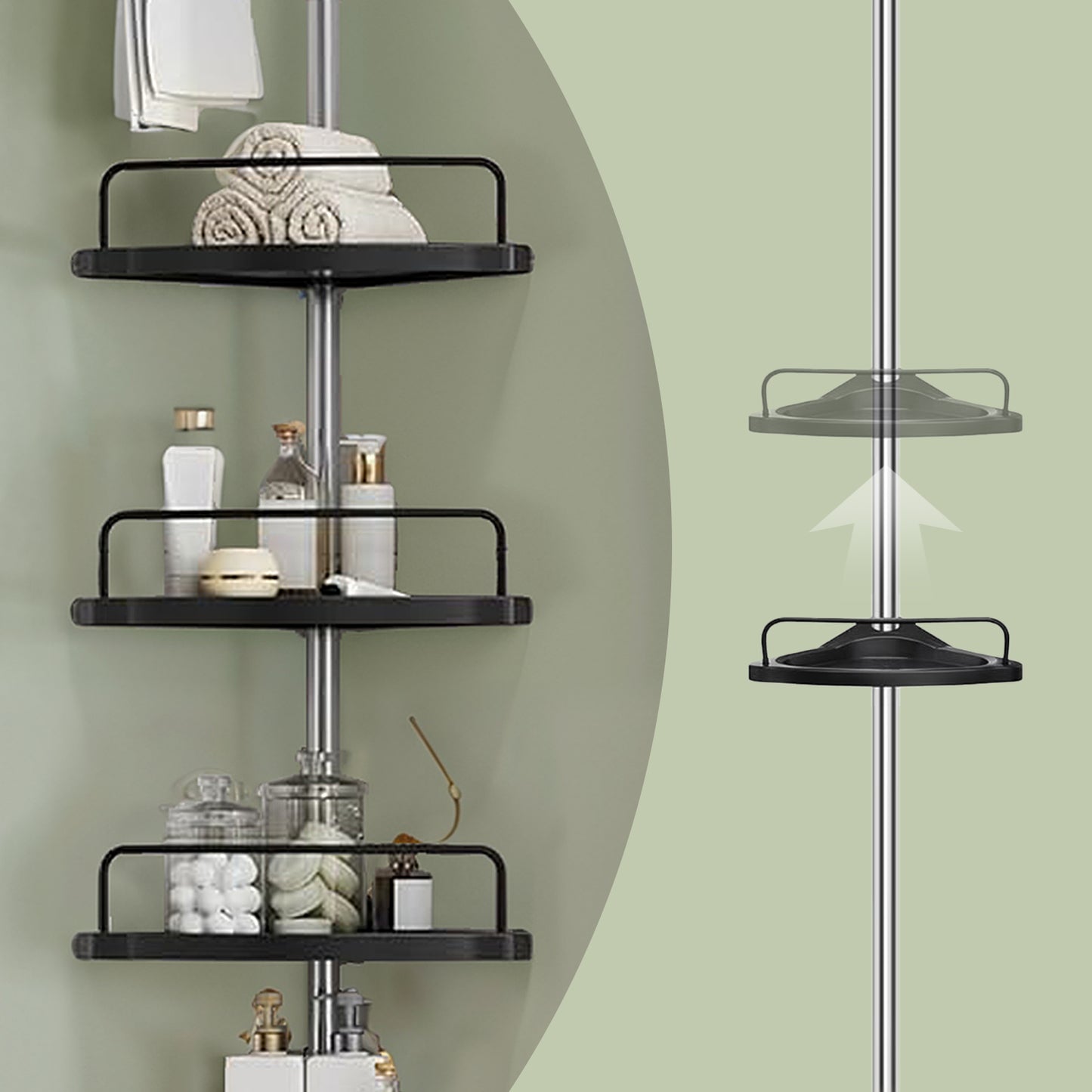 4-Tier Corner Shower Caddy Tension Pole, Height Adjustable Shower Organizer with Trays and Hooks, Drill-Free for Bathroom, Ink Black