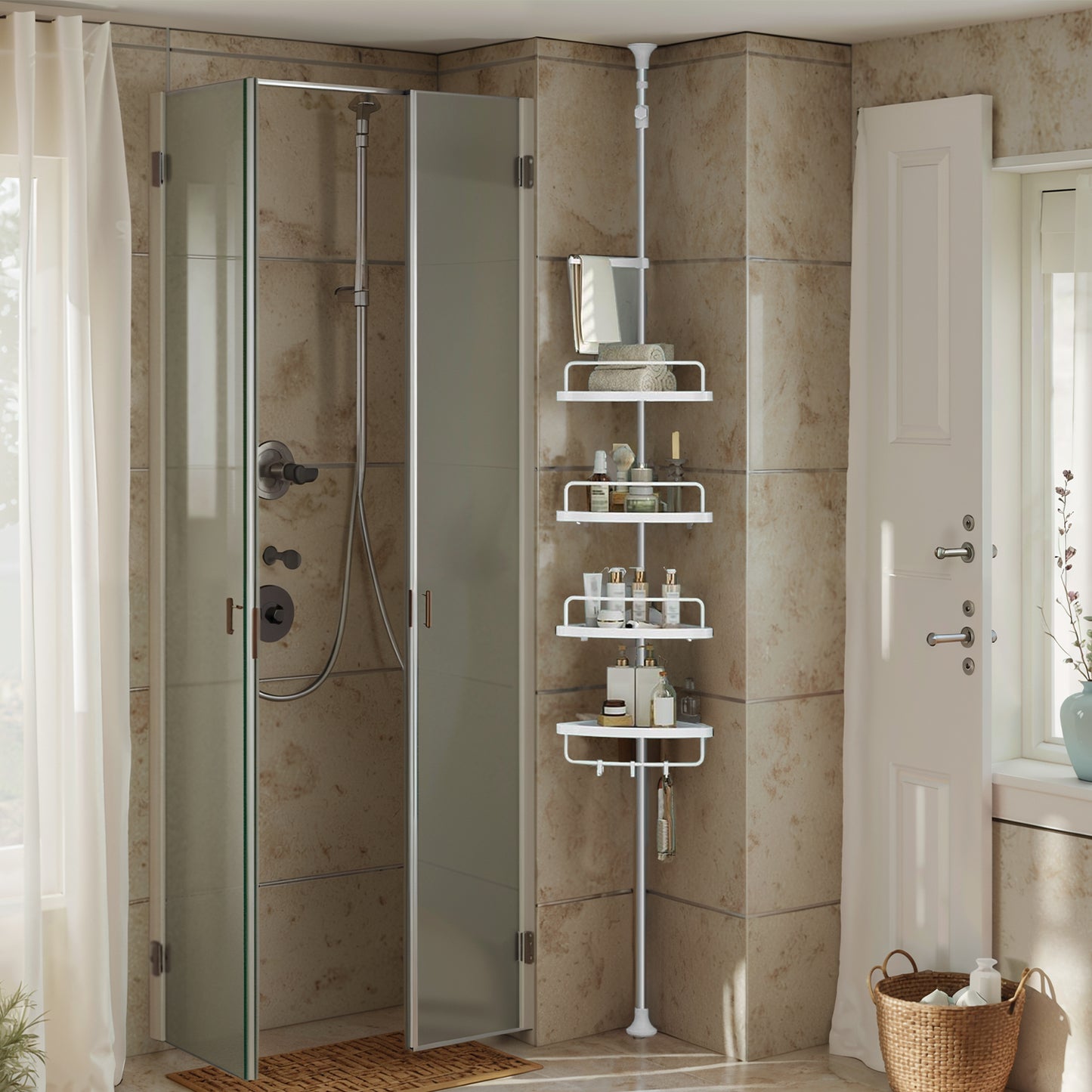 4-Tier Corner Shower Caddy Tension Pole, Height Adjustable Shower Organizer with Trays and Hooks, Drill-Free for Bathroom, Cloud White