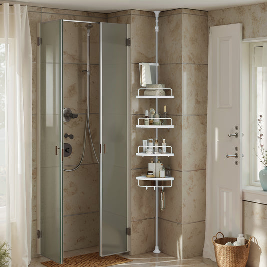 4-Tier Corner Shower Caddy Tension Pole, Height Adjustable Shower Organizer with Trays and Hooks, Drill-Free for Bathroom, Cloud White