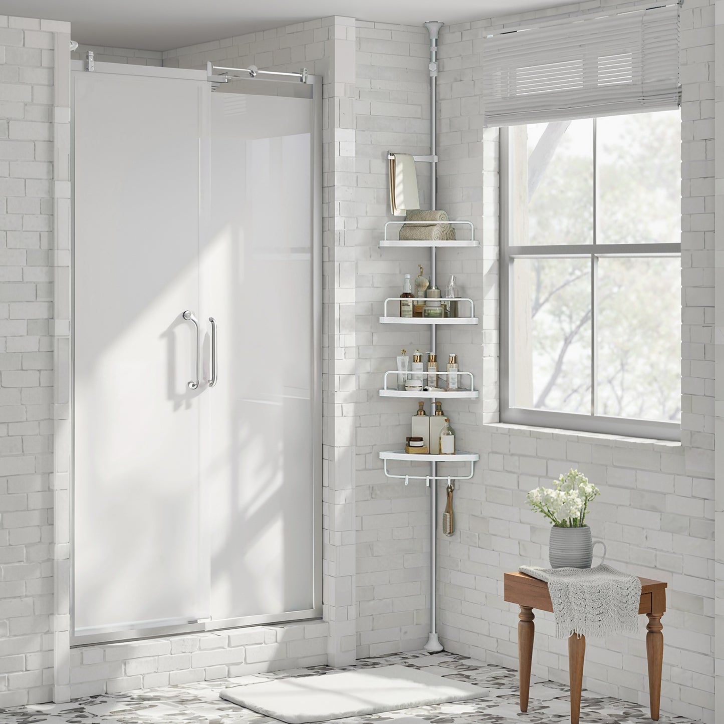4-Tier Corner Shower Caddy Tension Pole, Height Adjustable Shower Organizer with Trays and Hooks, Drill-Free for Bathroom, Cloud White