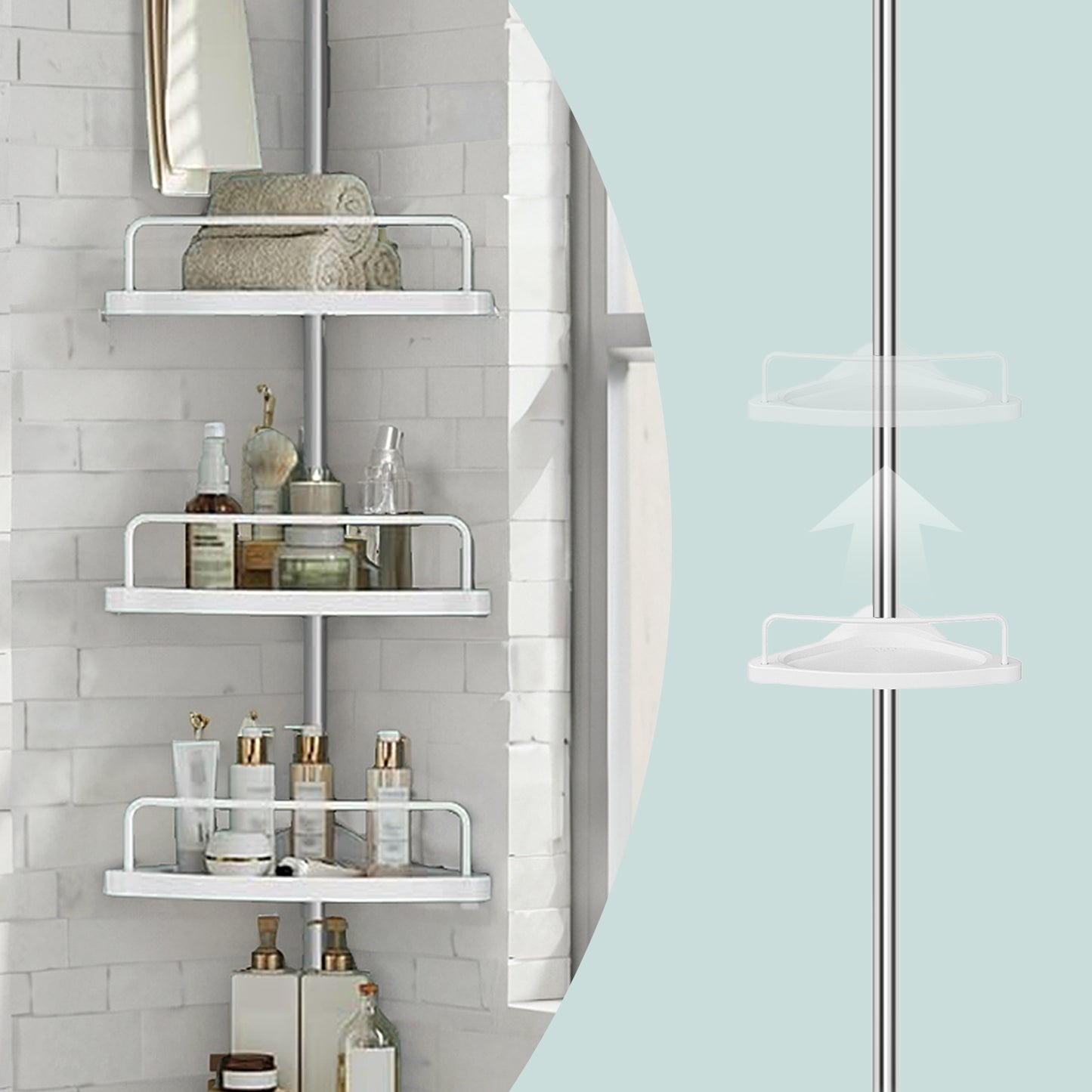 4-Tier Corner Shower Caddy Tension Pole, Height Adjustable Shower Organizer with Trays and Hooks, Drill-Free for Bathroom, Cloud White