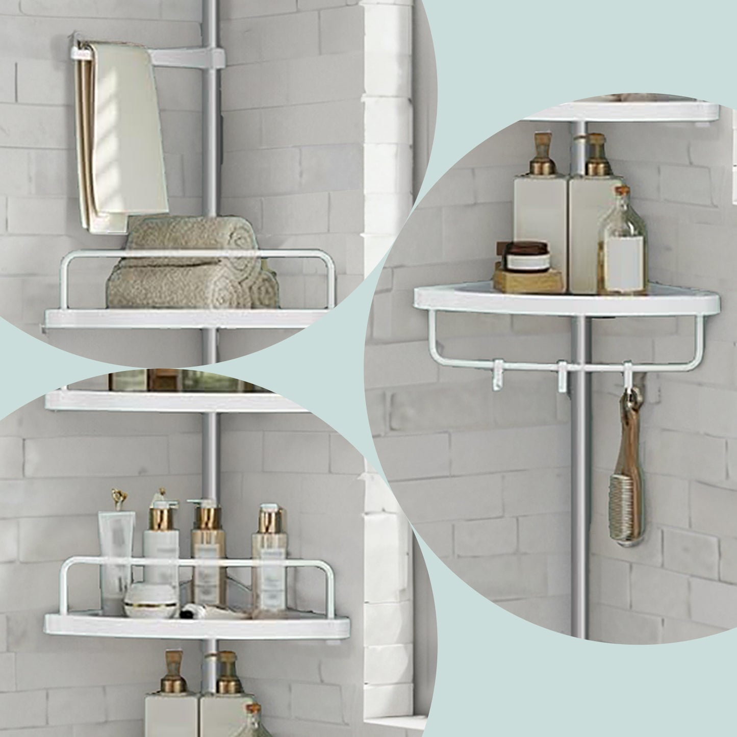 4-Tier Corner Shower Caddy Tension Pole, Height Adjustable Shower Organizer with Trays and Hooks, Drill-Free for Bathroom, Cloud White