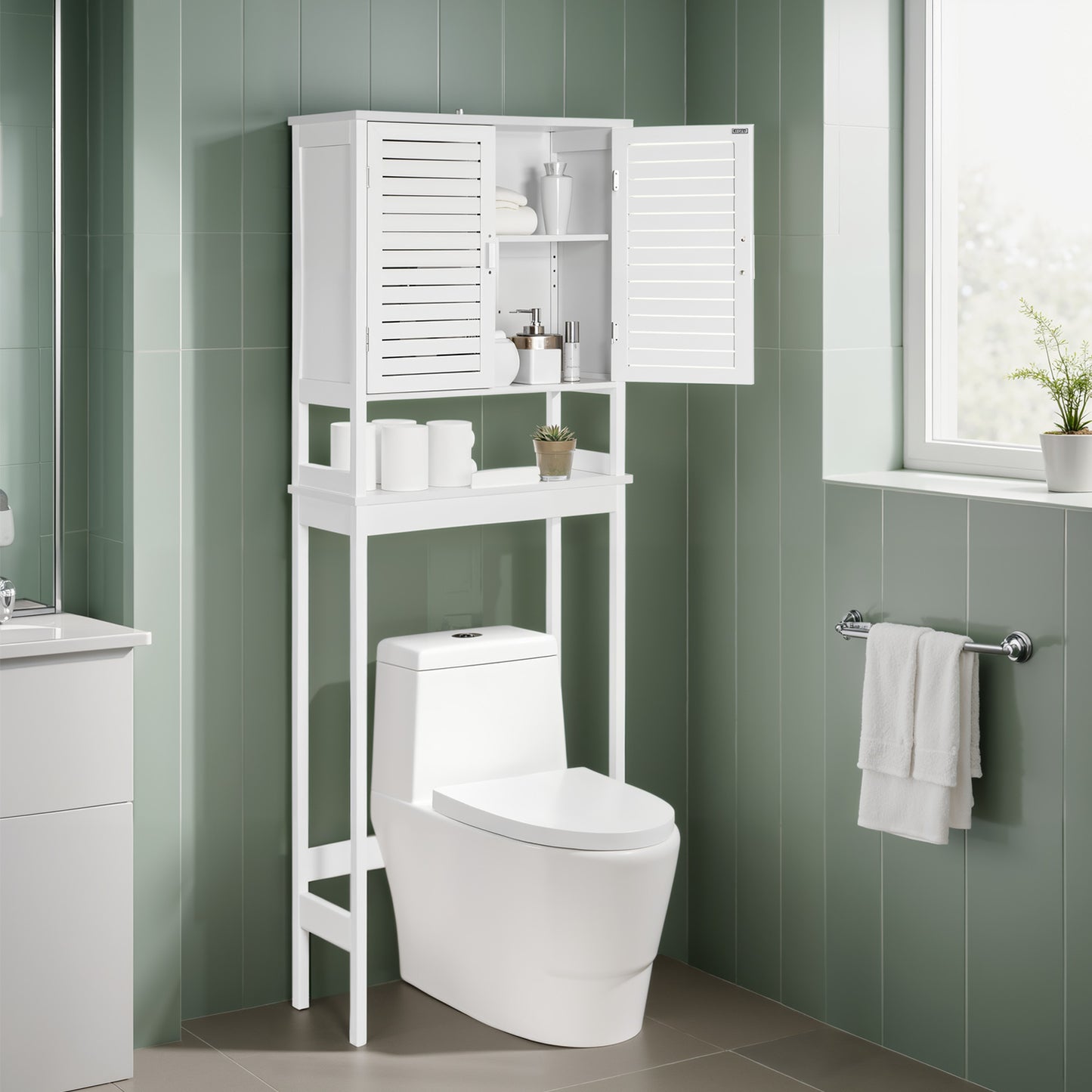 Over-The-Toilet Storage Cabinet with Adjustable Shelf and Bottom Stabilizer, 3-Tier Bathroom Rack with Doors and Open Shelf, Space-Saving Organizer, Cloud White