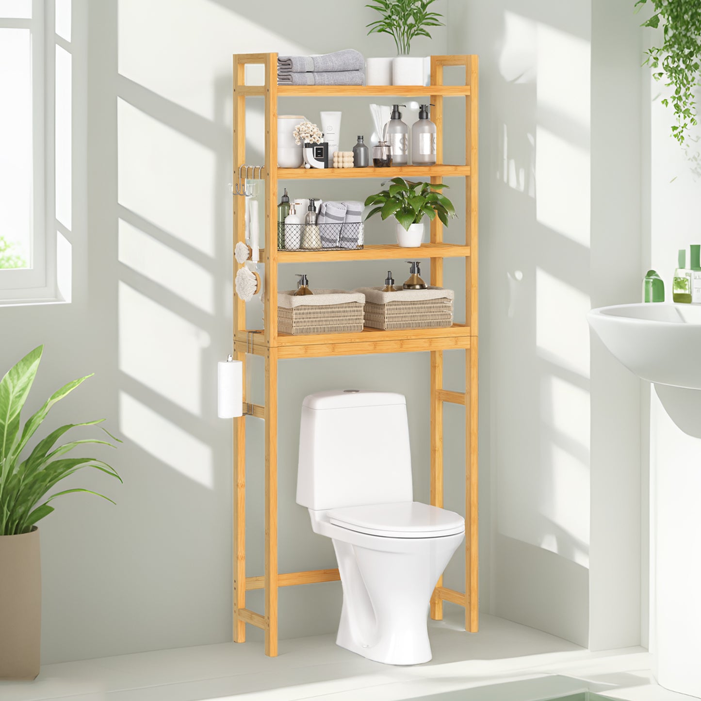 4-Tier Over-The-Toilet Bathroom Storage Organizer with Adjustable Shelves, Hooks, and Toilet Paper Holder, Space-Saving Rack, Natural Beige