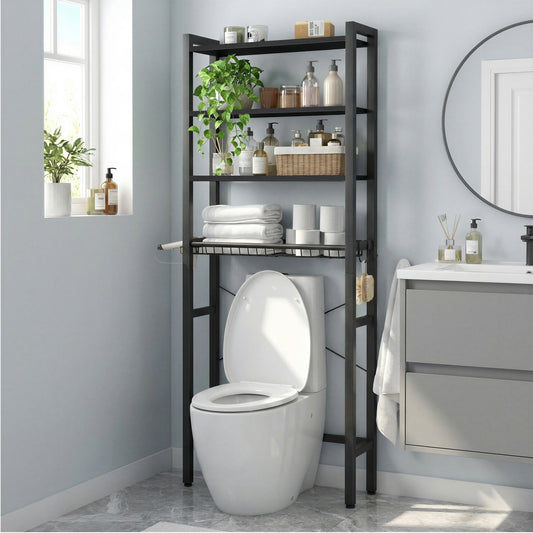 68.1-Inch Over-the-Toilet Storage Organizer, 4-Tier Bathroom Shelf with Adjustable Shelves, Basket & 3 Hooks, Space-Saving Design, Ebony Black