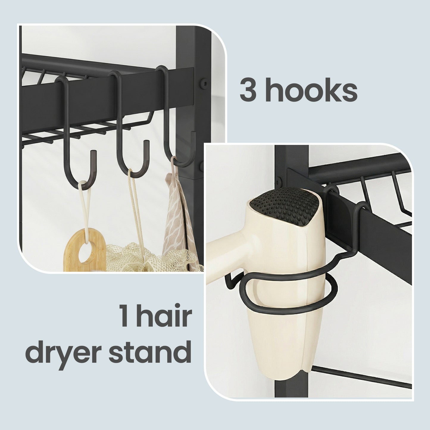 68.1-Inch Over-the-Toilet Storage Organizer, 4-Tier Bathroom Shelf with Adjustable Shelves, Basket & 3 Hooks, Space-Saving Design, Ebony Black