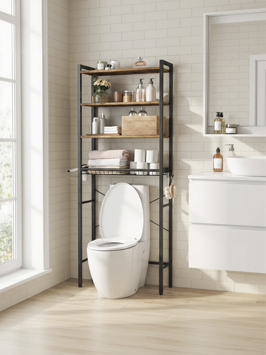 68.1-Inch Over-the-Toilet Storage Organizer, 4-Tier Bathroom Shelf with Adjustable Shelves, Basket & 3 Hooks, Space-Saving Design, Rustic Brown