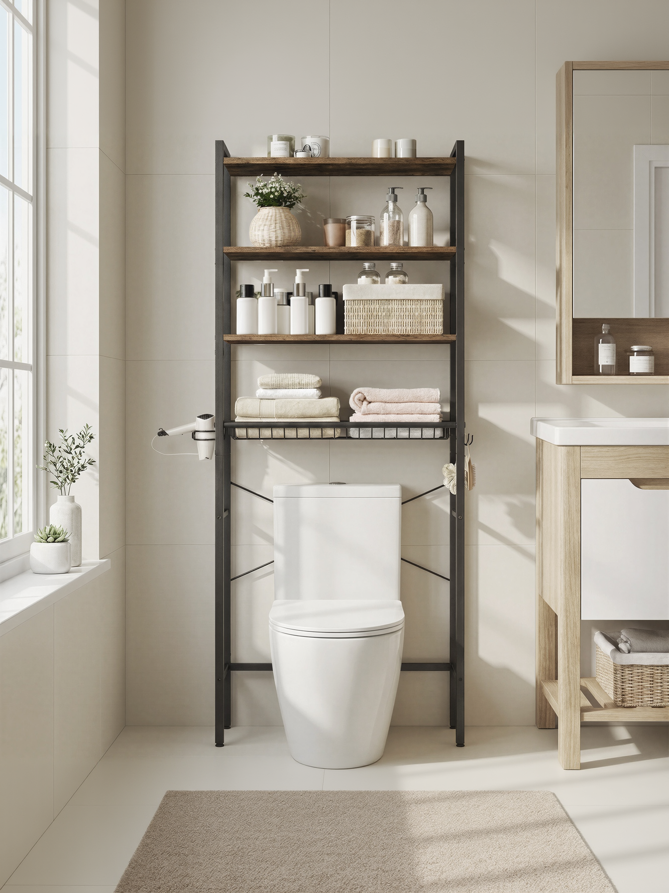 68.1-Inch Over-the-Toilet Storage Organizer, 4-Tier Bathroom Shelf with Adjustable Shelves, Basket & 3 Hooks, Space-Saving Design, Rustic Brown