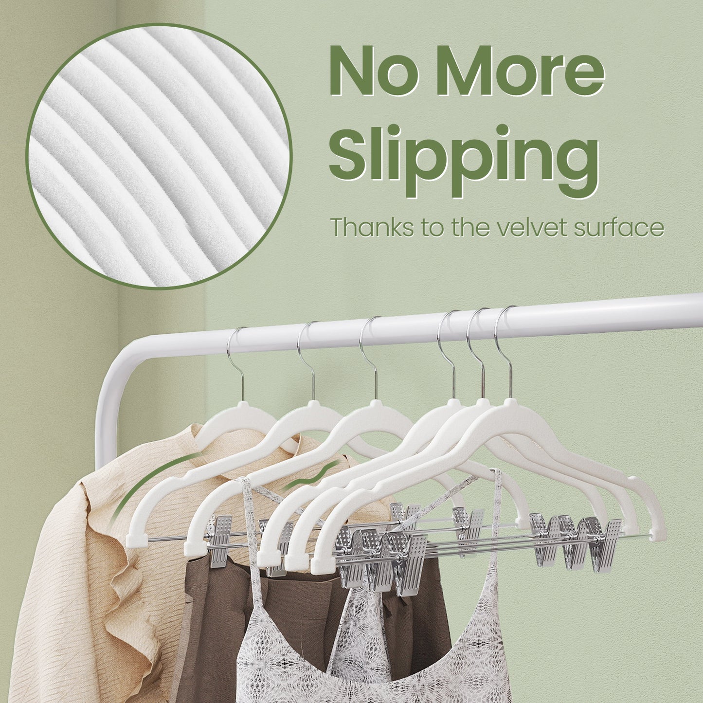 20-Pack Velvet Pants and Skirt Hangers with Adjustable Clips, Slim Non-Slip Heavy-Duty Coat Hangers, Space-Saving Closet Organizer, White