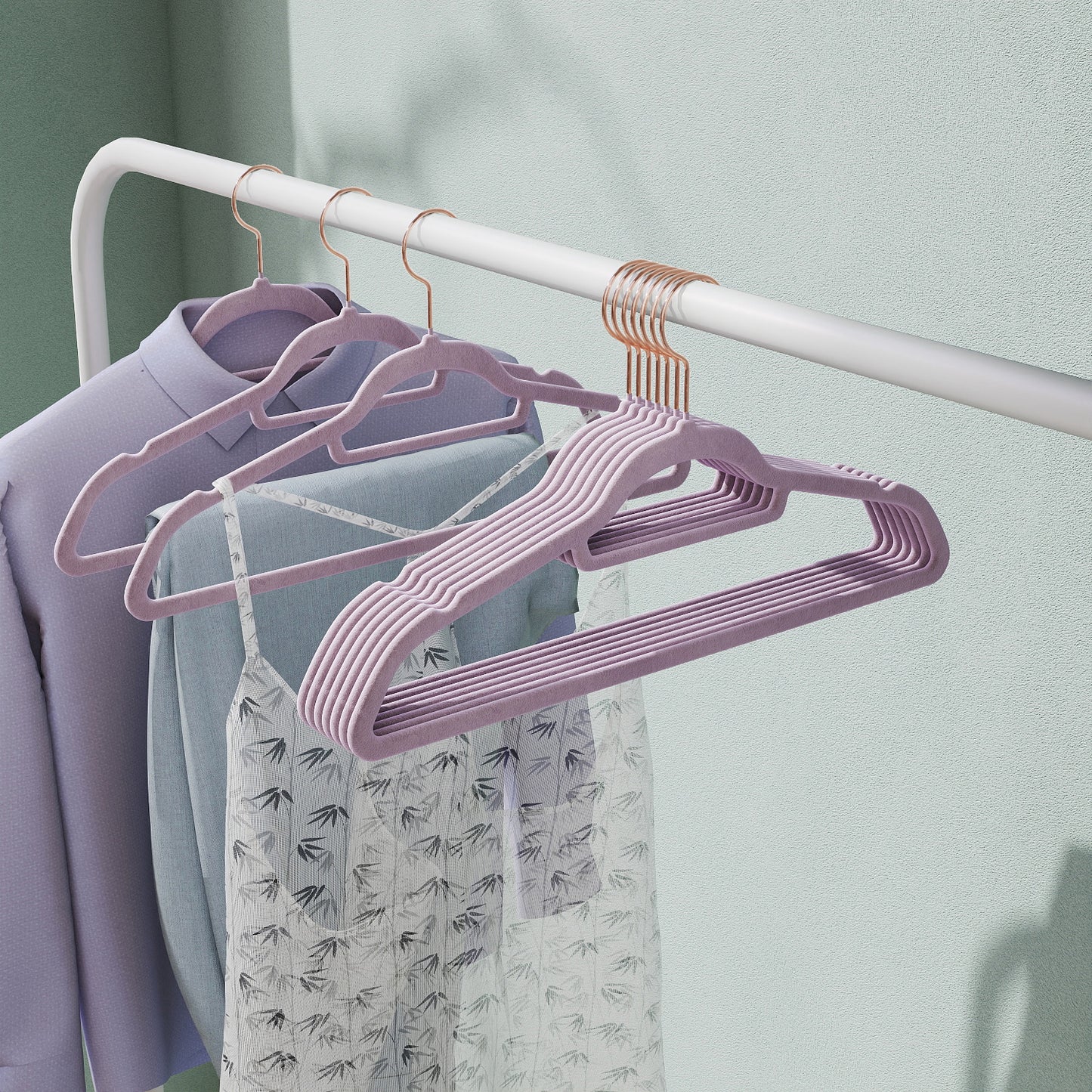 Velvet Hangers, 50-Pack Non-Slip Swivel Hook Clothes Hangers for Coat, Shirt, Dress, Pants - Slim & Space-Saving, Rose Gold Hook, Lavender Purple