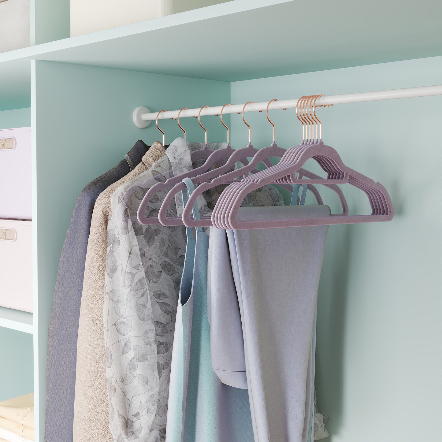 Velvet Hangers, 50-Pack Non-Slip Swivel Hook Clothes Hangers for Coat, Shirt, Dress, Pants - Slim & Space-Saving, Rose Gold Hook, Lavender Purple