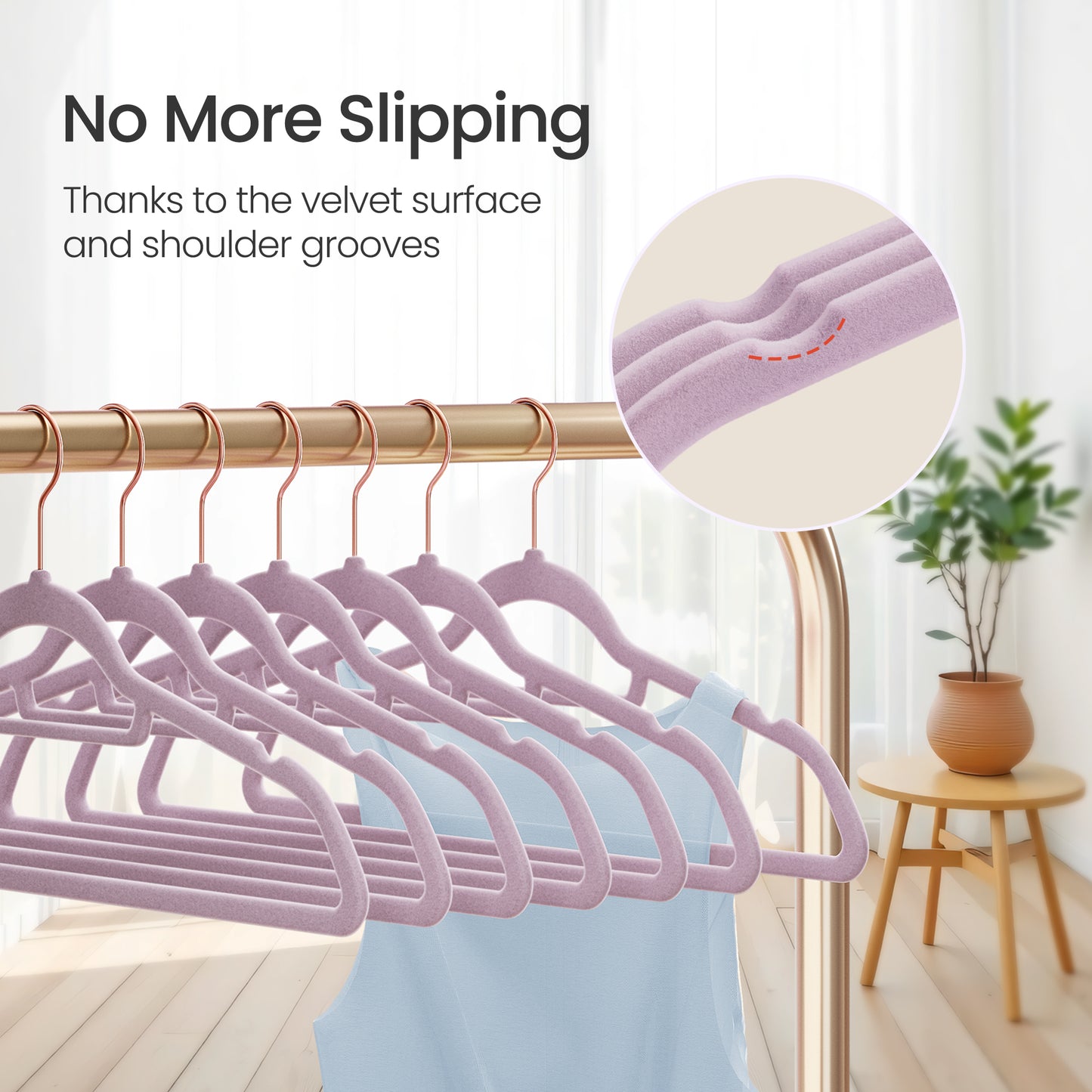 Velvet Hangers, 50-Pack Non-Slip Swivel Hook Clothes Hangers for Coat, Shirt, Dress, Pants - Slim & Space-Saving, Rose Gold Hook, Lavender Purple