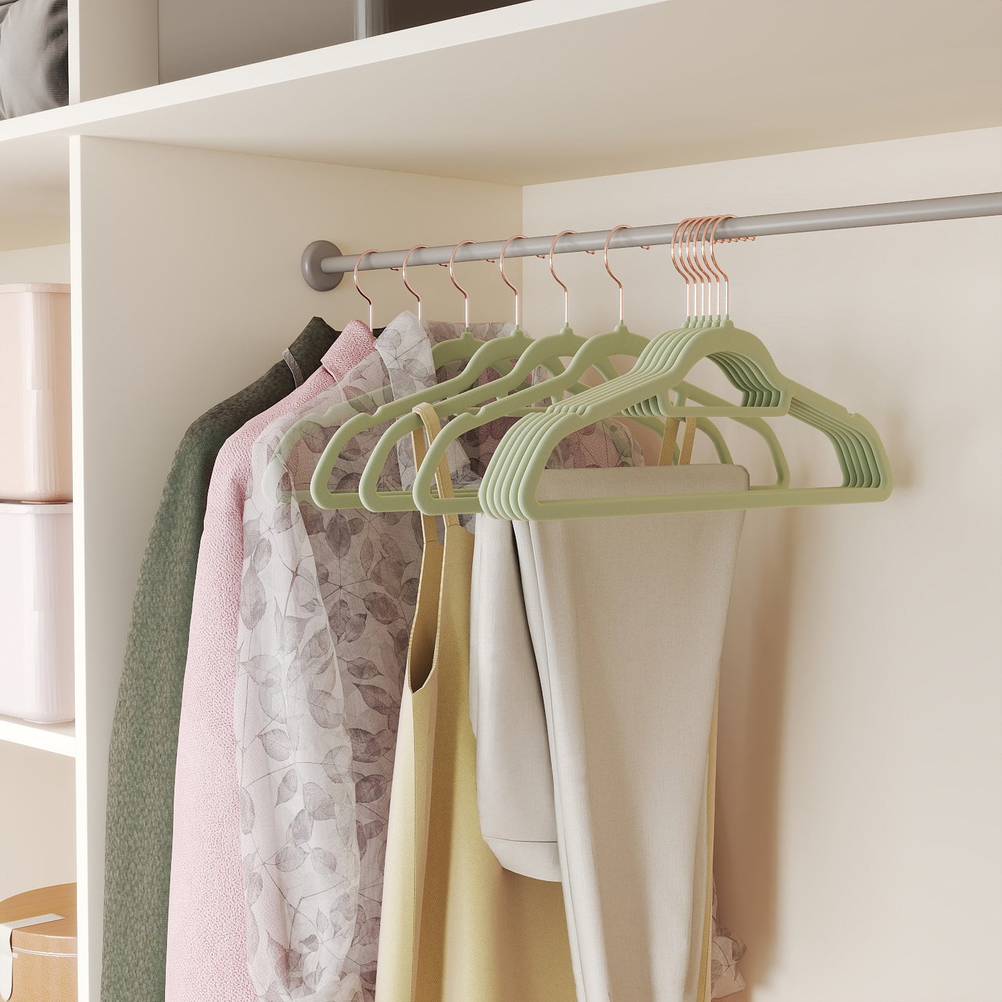 Velvet Hangers, 50-Pack Non-Slip Swivel Hook Clothes Hangers for Coat, Shirt, Dress, Pants ,Slim & Space-Saving, Rose Gold Hook, Lime Green