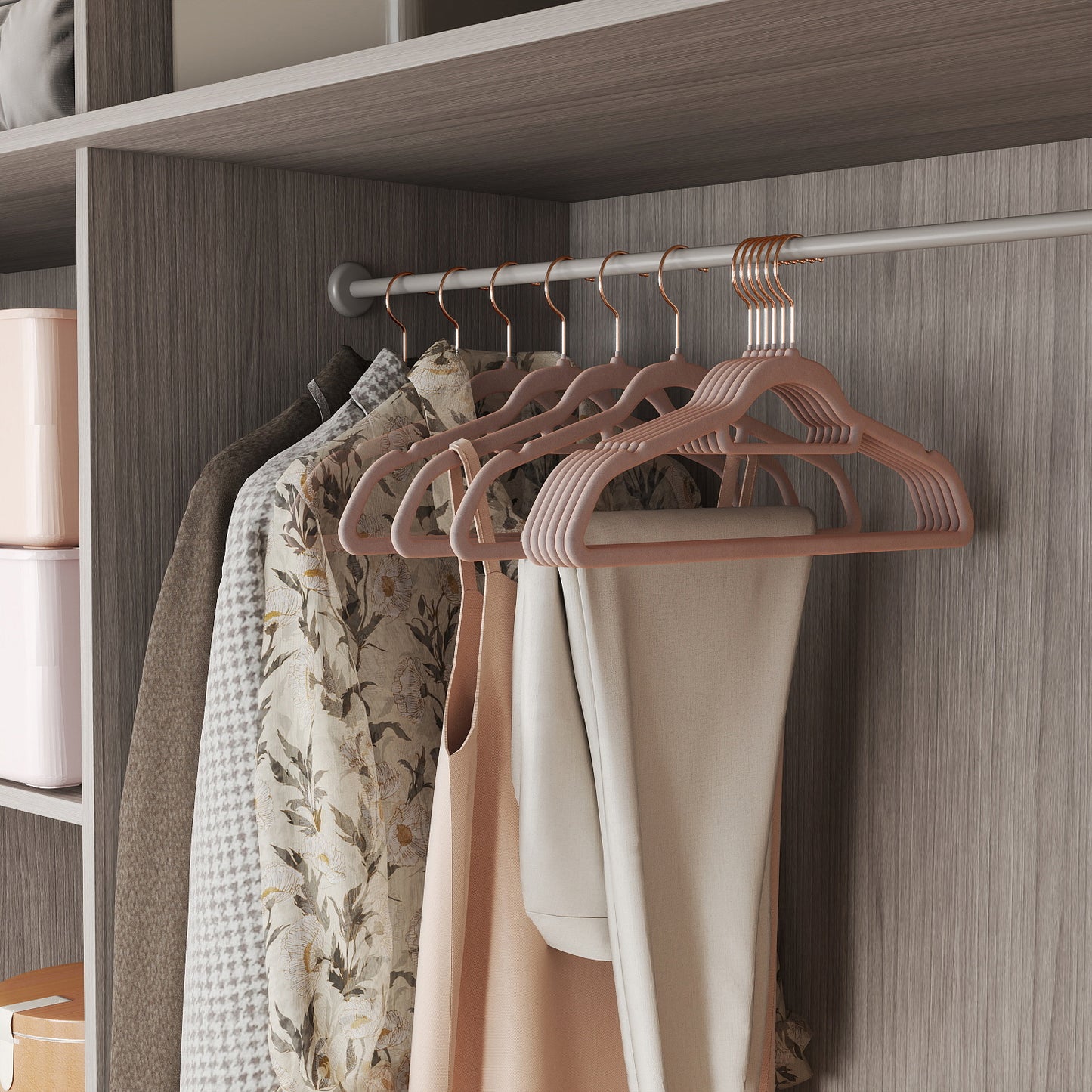 Velvet Hangers, 50-Pack Non-Slip Clothes Hangers with 360° Swivel Hooks, Slim & Sturdy for Coat, Dress, Shirt, Pants, Tie, Space-Saving Design, Caramel Brown