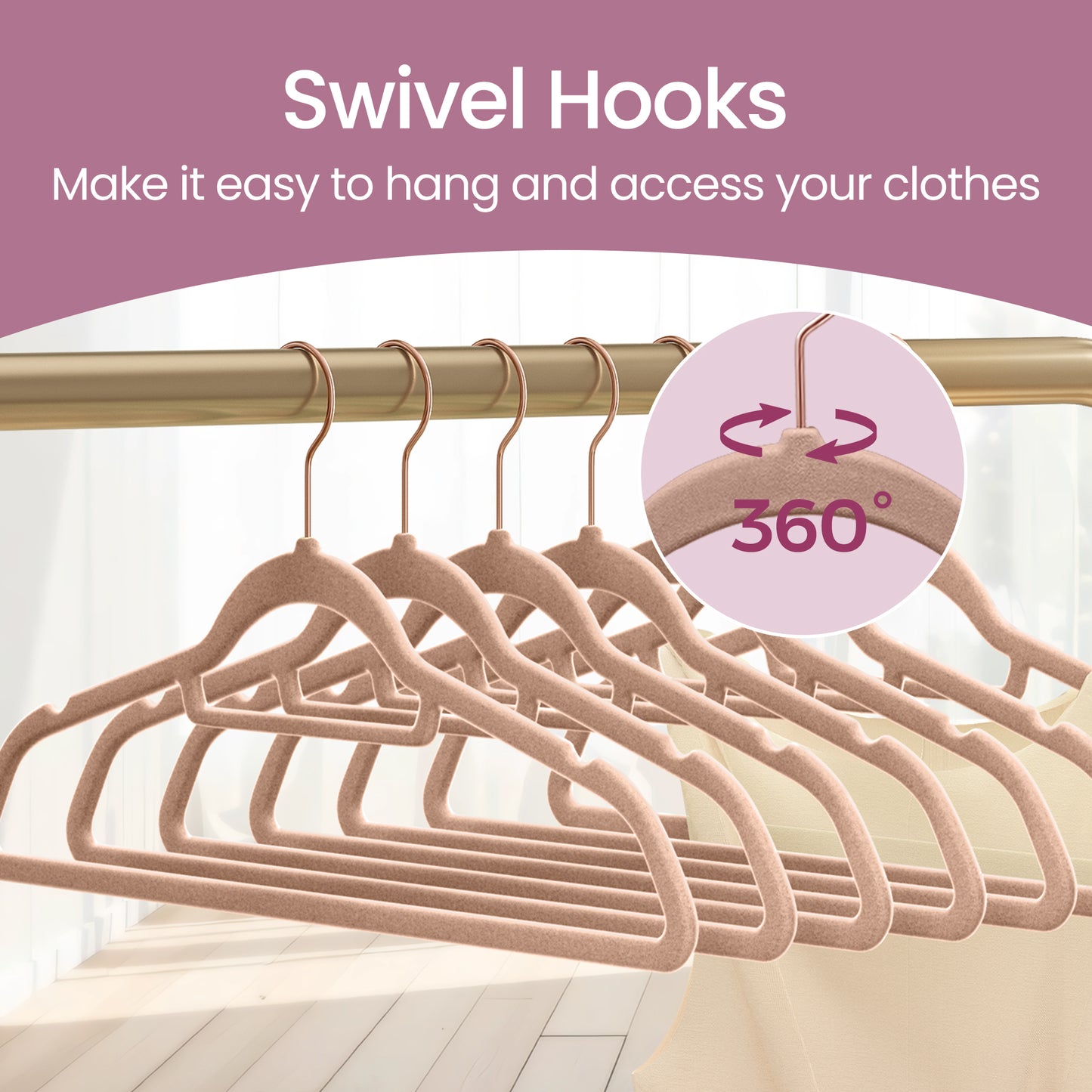 Velvet Hangers, 50-Pack Non-Slip Clothes Hangers with 360° Swivel Hooks, Slim & Sturdy for Coat, Dress, Shirt, Pants, Tie, Space-Saving Design, Caramel Brown
