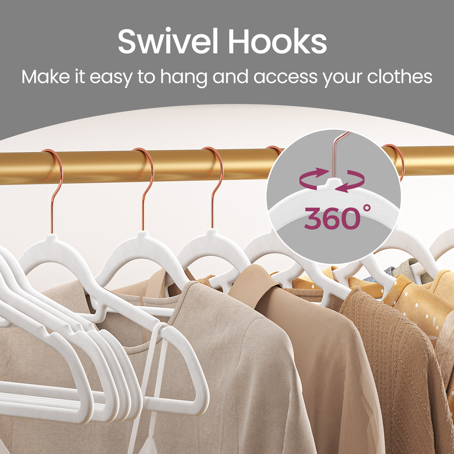 Set of 50 Velvet Hangers with Rose Gold Swivel Hooks, Non-Slip Space Saving Hangers for Shirts and Dresses, Cloud White