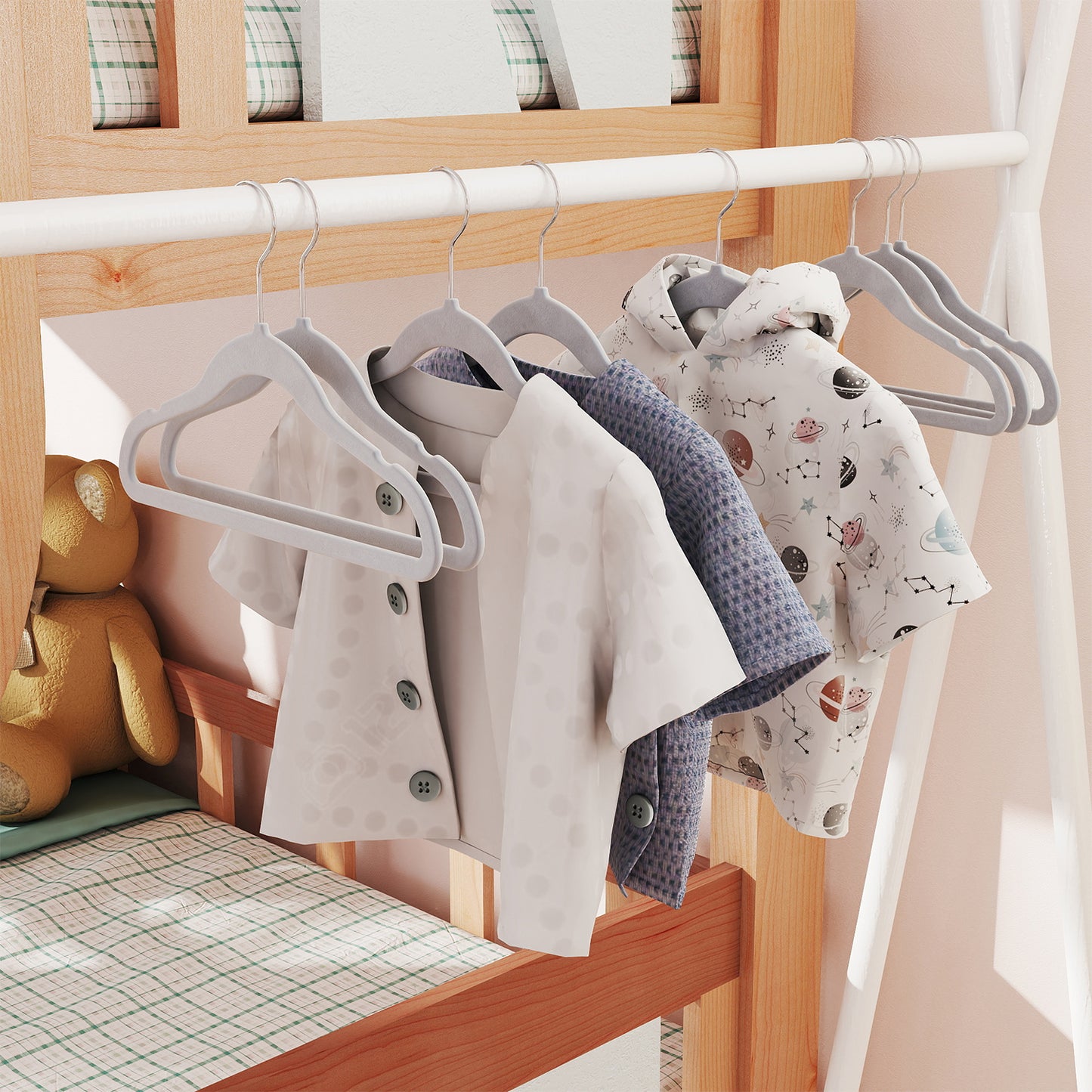 LEDREM 30-Pack Kids Hangers, 11.8 Inch Velvet Children's Hangers with 360° Swivel Hooks, Non-Slip Space-Saving for Closet Nursery, Dove Gray