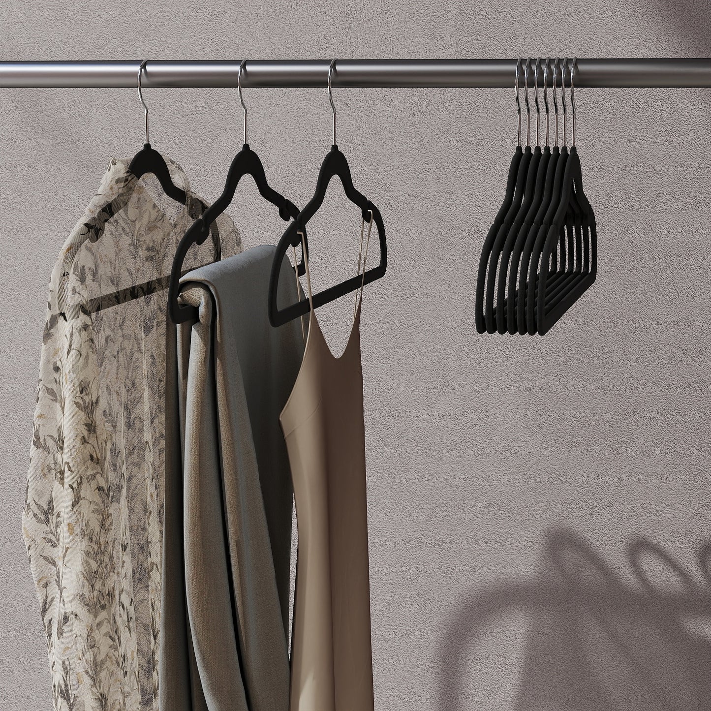 50-Pack Velvet Non-Slip Hangers, Slim Space-Saving Closet Hangers with Swivel Hooks & Pant Bars, 11lb Capacity Each, Ink Black