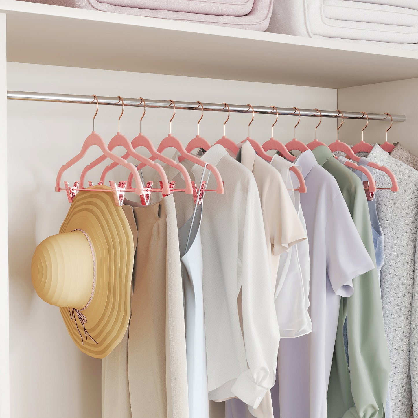 24 Pack Pants Hangers with Movable Clips, Rose Gold Heavy-Duty Non-Slip Hangers for Pants and Dresses, 16.7 Inch, Light Pink
