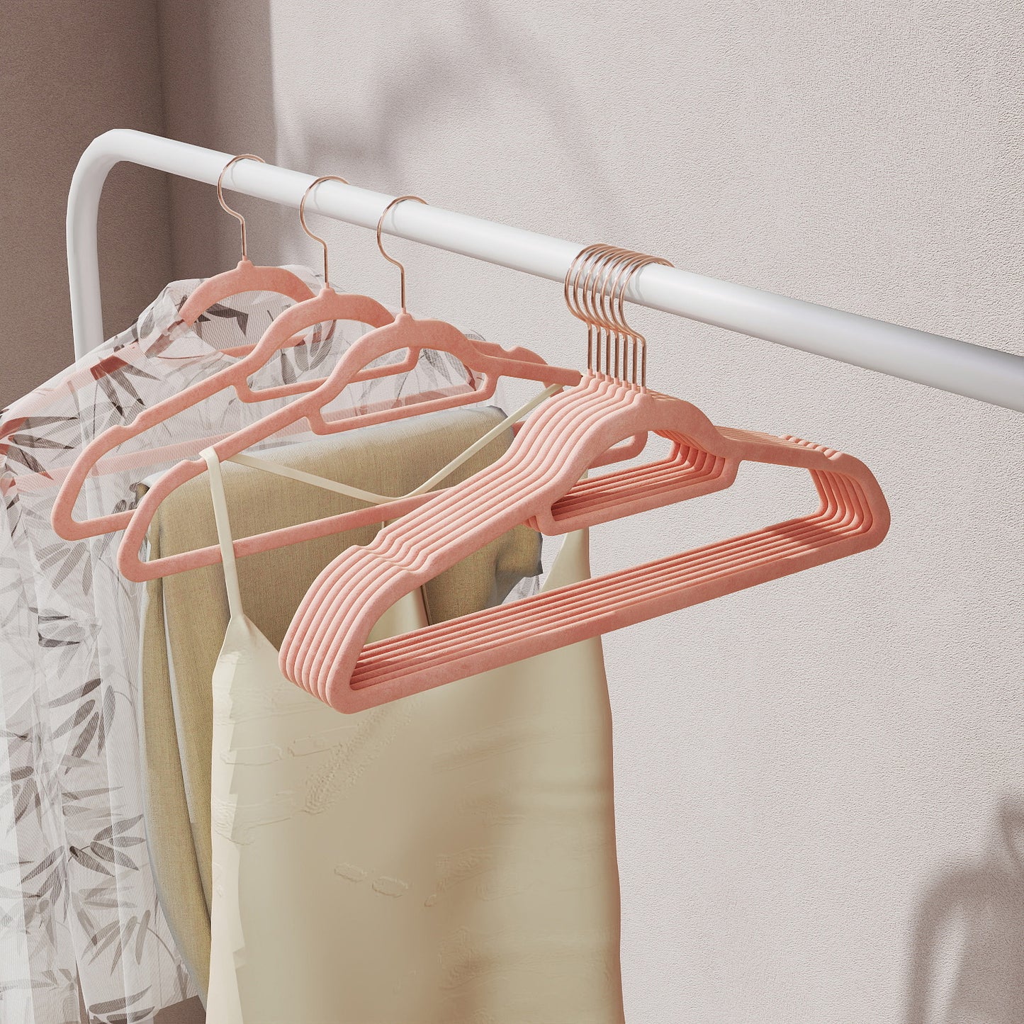 50-Pack Velvet Hangers with 360° Swivel Hooks, Non-Slip & Slim Design for Coats, Shirts, Dresses, Pants, Ties, Rose Gold, Coral Pink