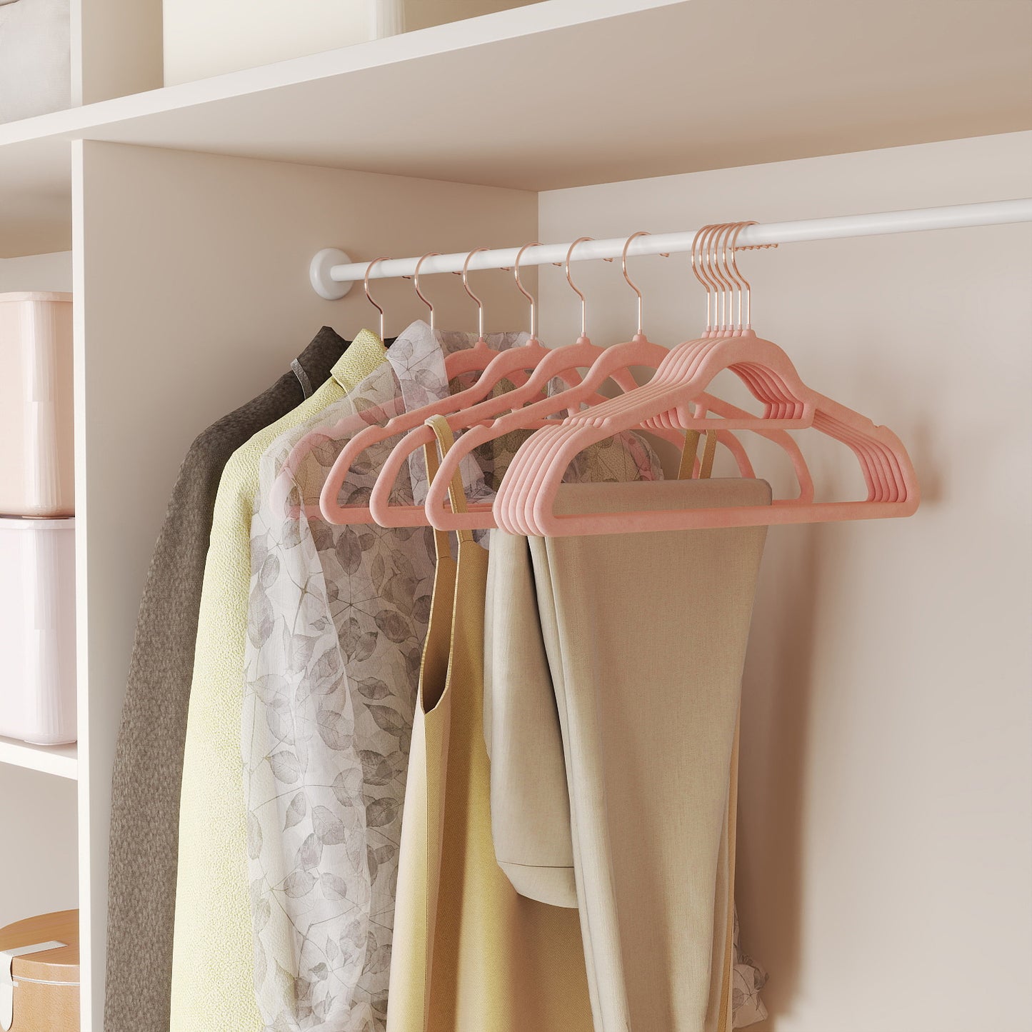 50-Pack Velvet Hangers with 360° Swivel Hooks, Non-Slip & Slim Design for Coats, Shirts, Dresses, Pants, Ties, Rose Gold, Coral Pink