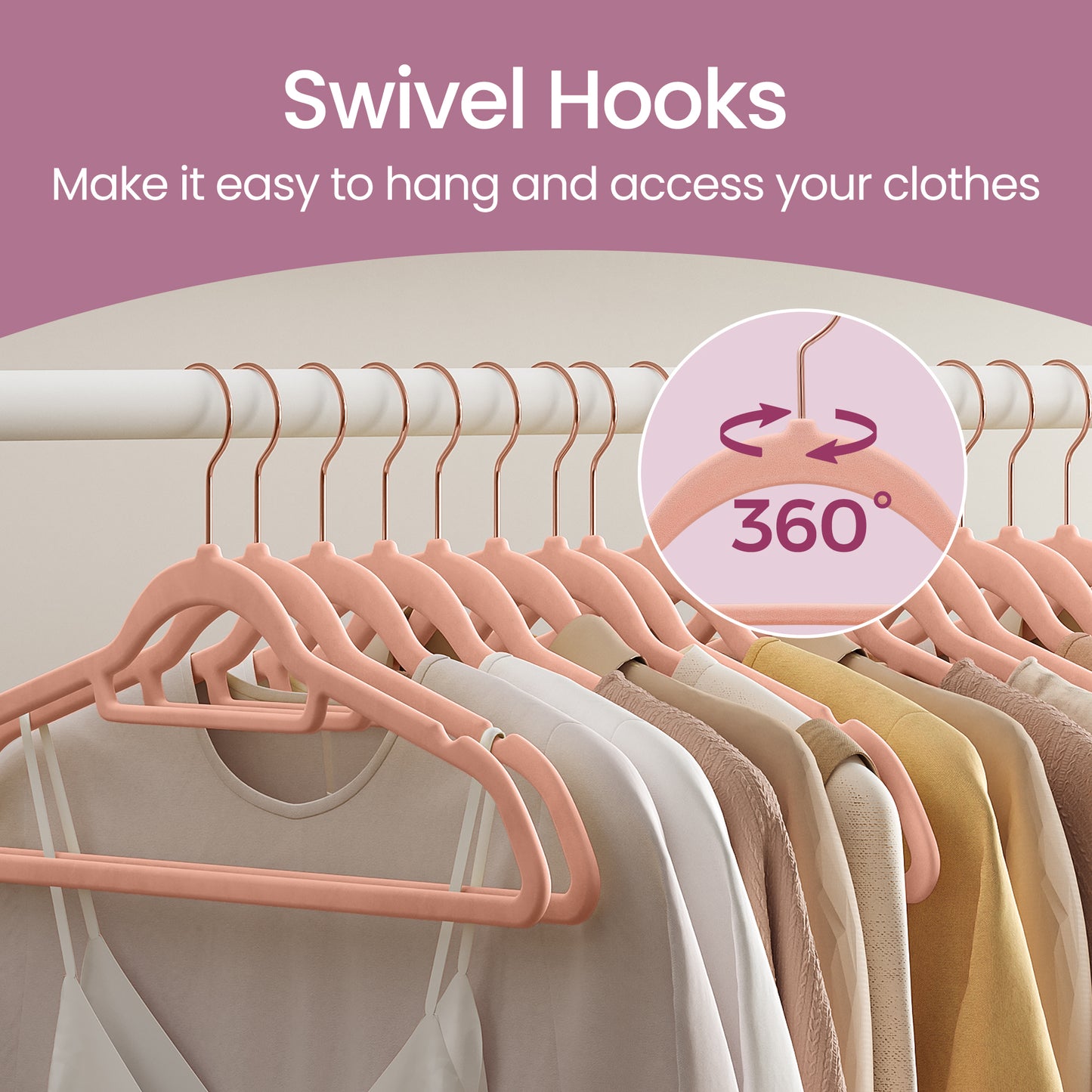 50-Pack Velvet Hangers with 360° Swivel Hooks, Non-Slip & Slim Design for Coats, Shirts, Dresses, Pants, Ties, Rose Gold, Coral Pink