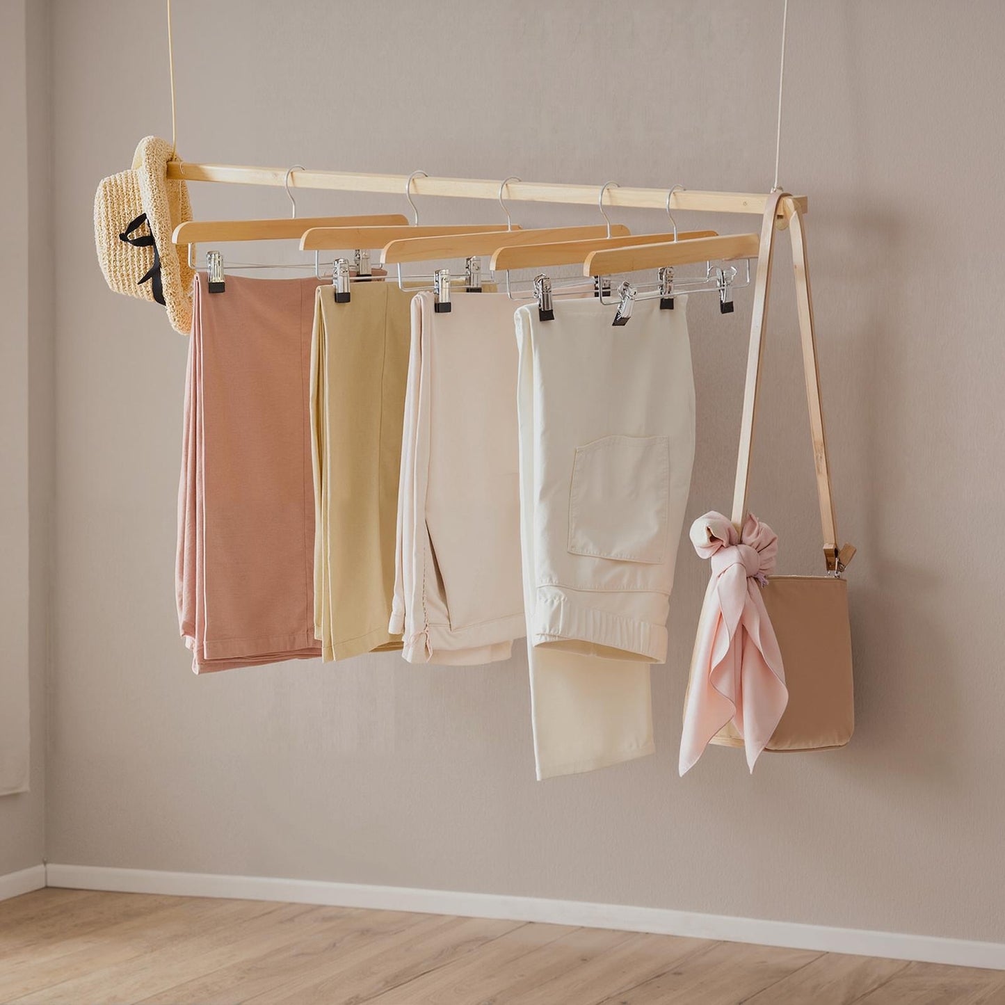 8 Pack Wooden Pants Hangers with Adjustable Metal Clips, 360° Swivel Hook Skirt Hangers for Closet, Natural Grain