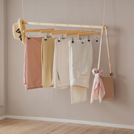 8 Pack Wooden Pants Hangers with Adjustable Metal Clips, 360° Swivel Hook Skirt Hangers for Closet, Natural Grain