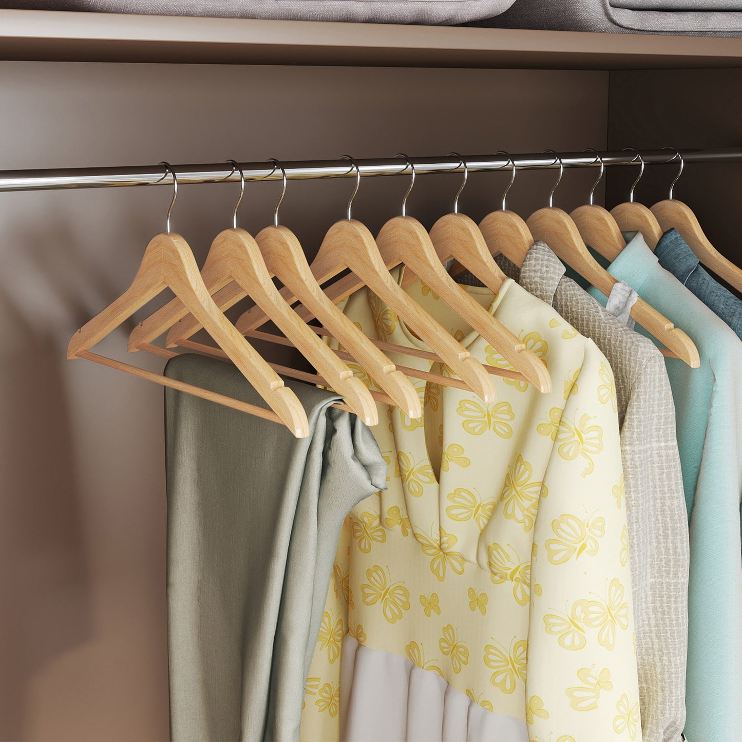 Pack of 24 Wooden Hangers with Pants Bar, Non-Slip Coat Hangers with 360° Swivel Hooks for Jackets and Shirts, Natural Wood