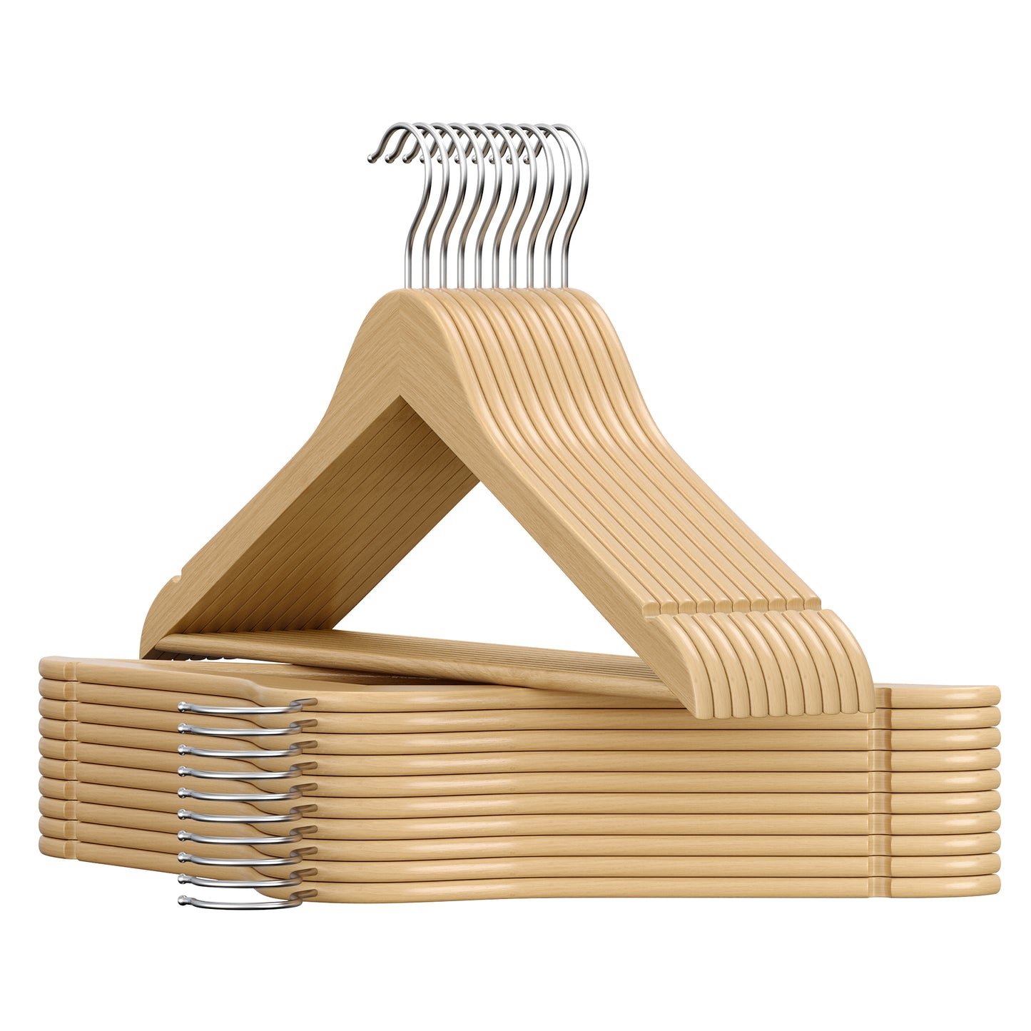 Pack of 30 Solid Birch Wood Hangers with Pants Bar, 360° Swivel Hooks, Space Saving Design for Shirts and Coats, Natural Beige