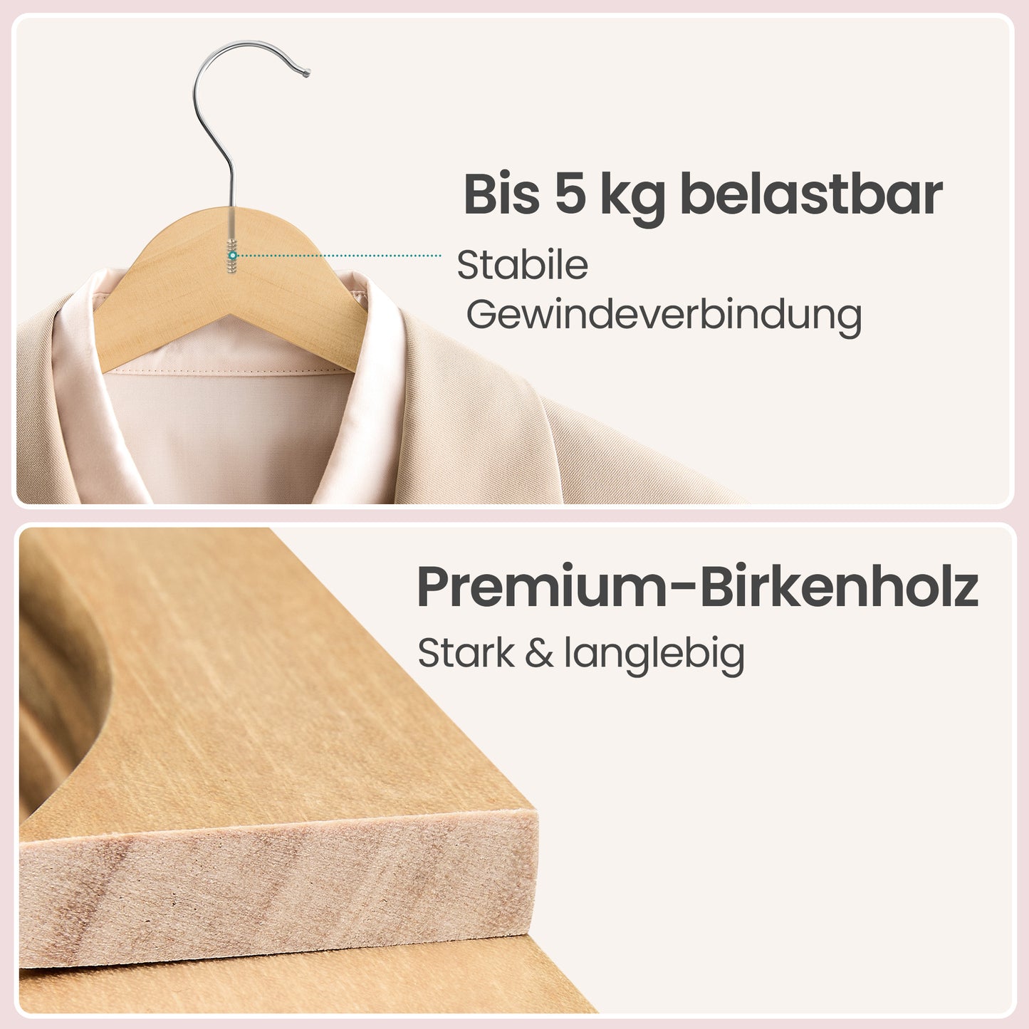 Pack of 20 Solid Birch Wood Hangers with Pants Bar, 0.3-Inch Slim Coat Hangers with 360° Swivel Hooks, Natural Beige