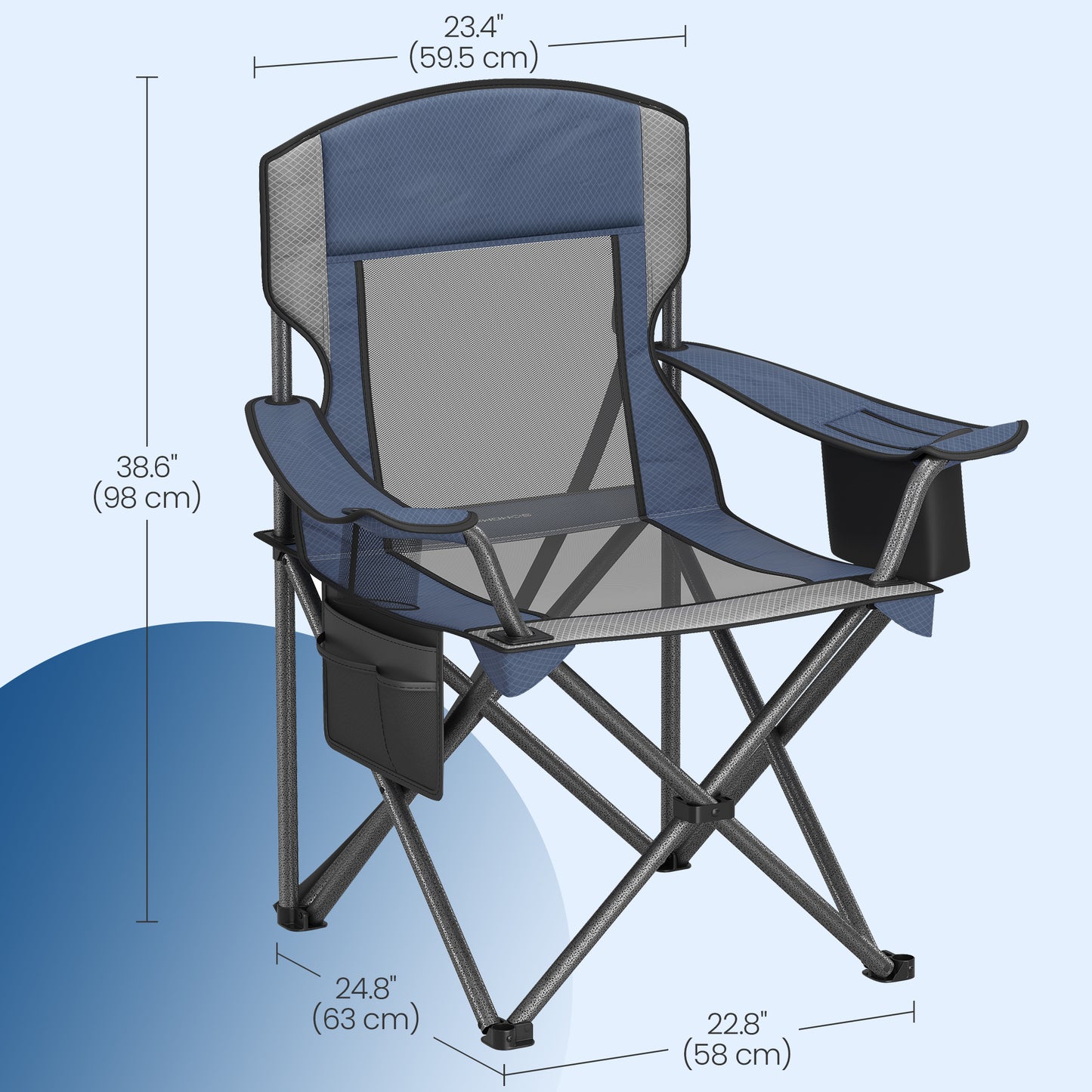 Camping Chair, Folding Oversized Outdoor Seat with High Back, Adjustable Armrests, Cooler & Storage Bags, Heavy-Duty Steel Frame, 352 lb Capacity, Breathable Mesh, Bijou Blue