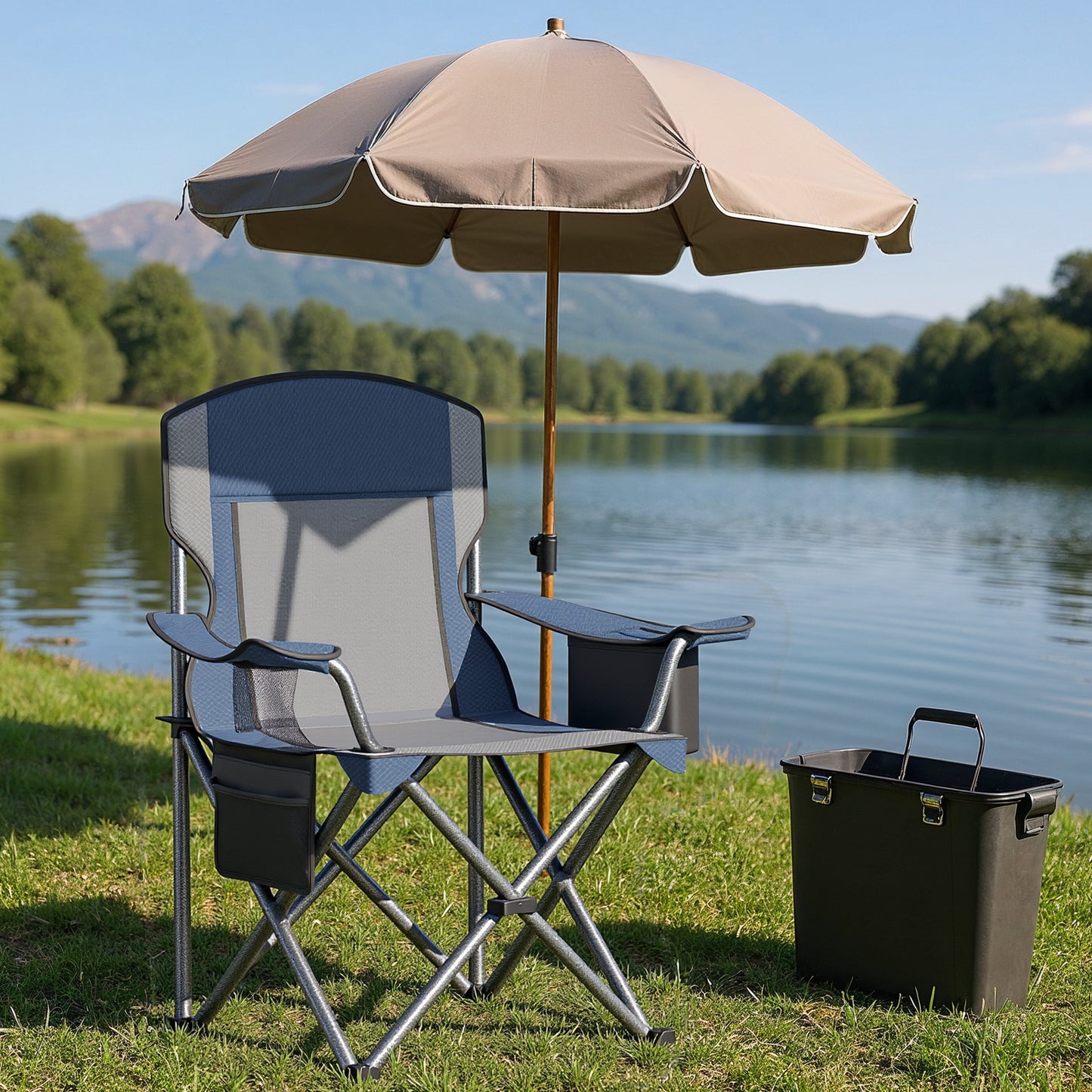Camping Chair, Folding Oversized Outdoor Seat with High Back, Adjustable Armrests, Cooler & Storage Bags, Heavy-Duty Steel Frame, 352 lb Capacity, Breathable Mesh, Bijou Blue