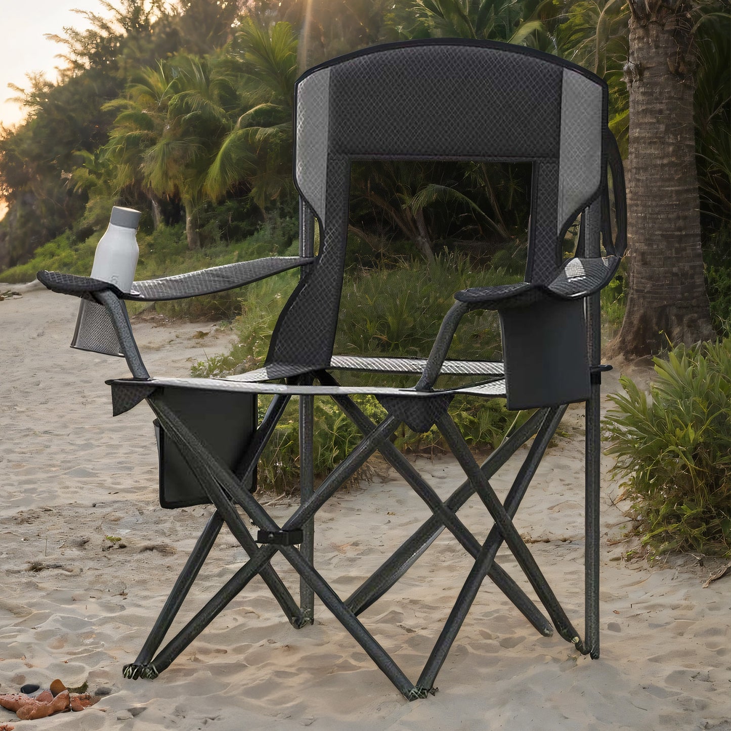 Folding Camping Chair with Adjustable Armrests and Cooler Bag, 352 lb Weight Capacity, Breathable Mesh Design, Ink Black