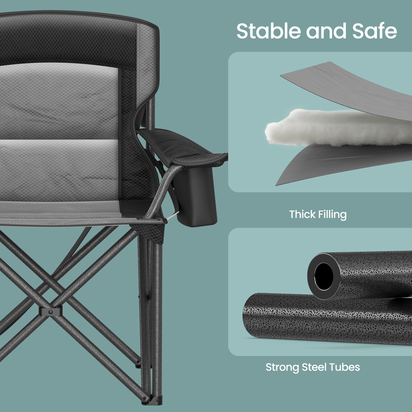 Oversized Folding Camping Chair with Cooler Bag, Adjustable Lumbar Support and Armrests, Heavy-Duty 450 lb Capacity, Ink Black