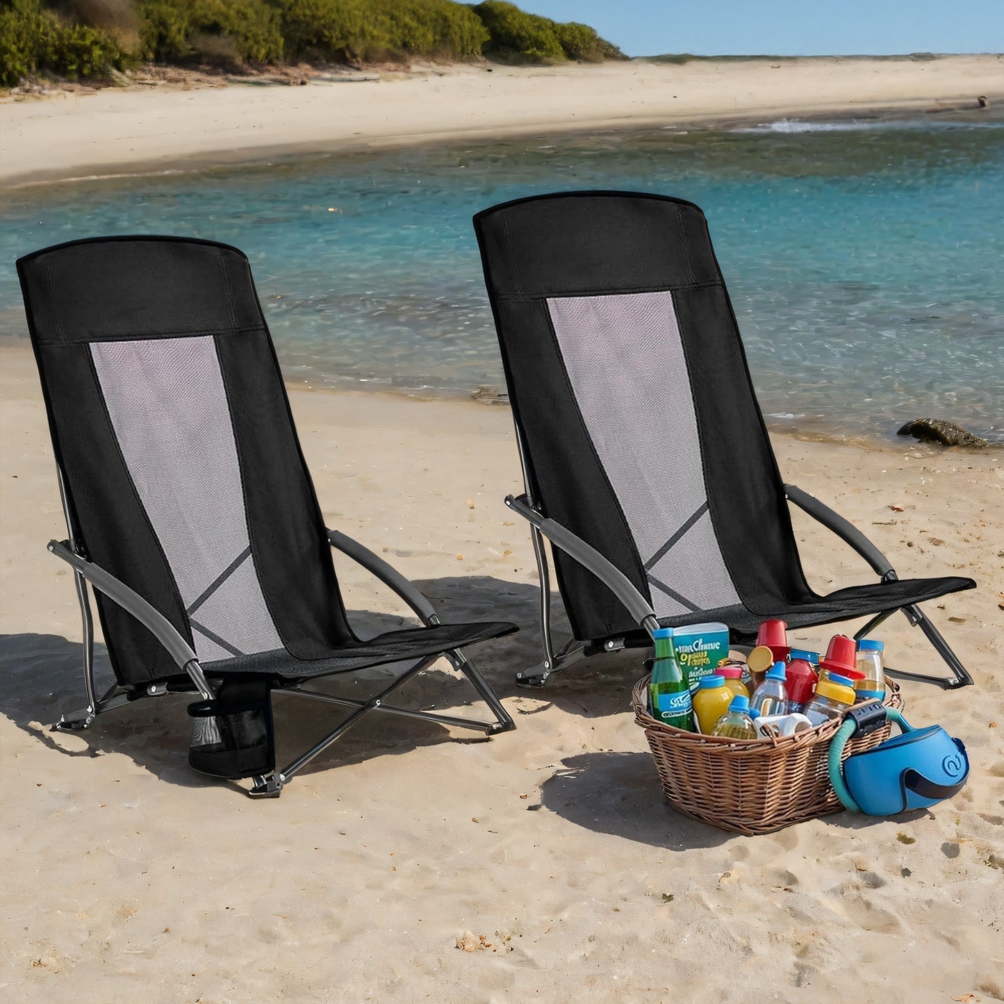Set of 2 Heavy-Duty Folding Chairs, 330lb Capacity Portable Camping Chairs with High Backrest & Cup Holder, Includes Carry Bag, Black