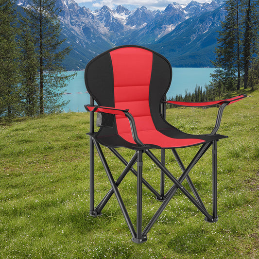 Heavy-Duty Folding Camping Chair with Sponge Seat and Cup Holder, 551 lb Weight Capacity, Portable Outdoor Picnic Chair, Red and Black