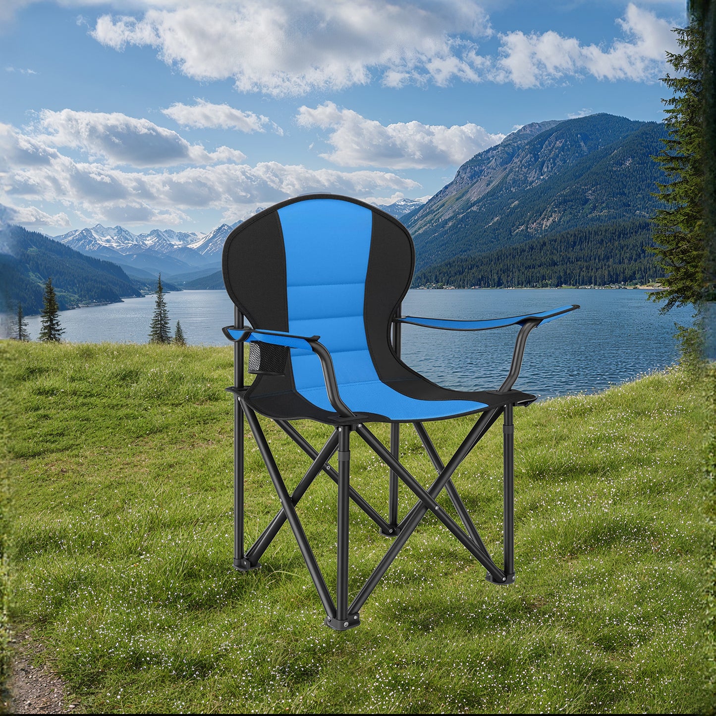 Heavy-Duty Folding Camping Chair with Sponge Seat and Cup Holder, 551 lb Weight Capacity, Portable Outdoor Picnic Chair, Blue and Black