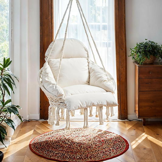 Boho Hanging Chair with Large Thick Cushion, Hammock Swing Chair for Bedroom, Patio and Balcony, Holds 264 lb, Cream White